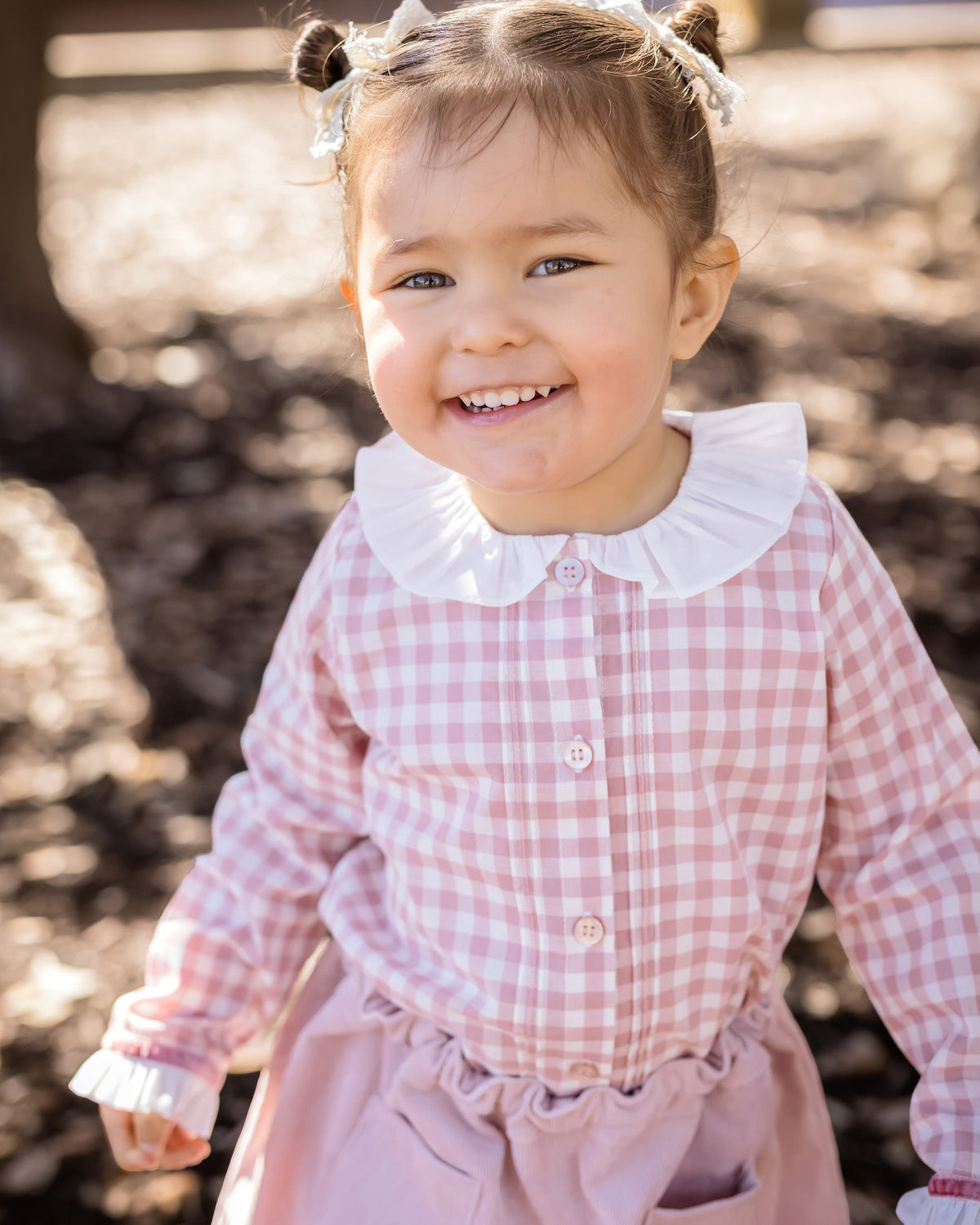 Girls Pink Gingham Blouse With Ruffle Collar