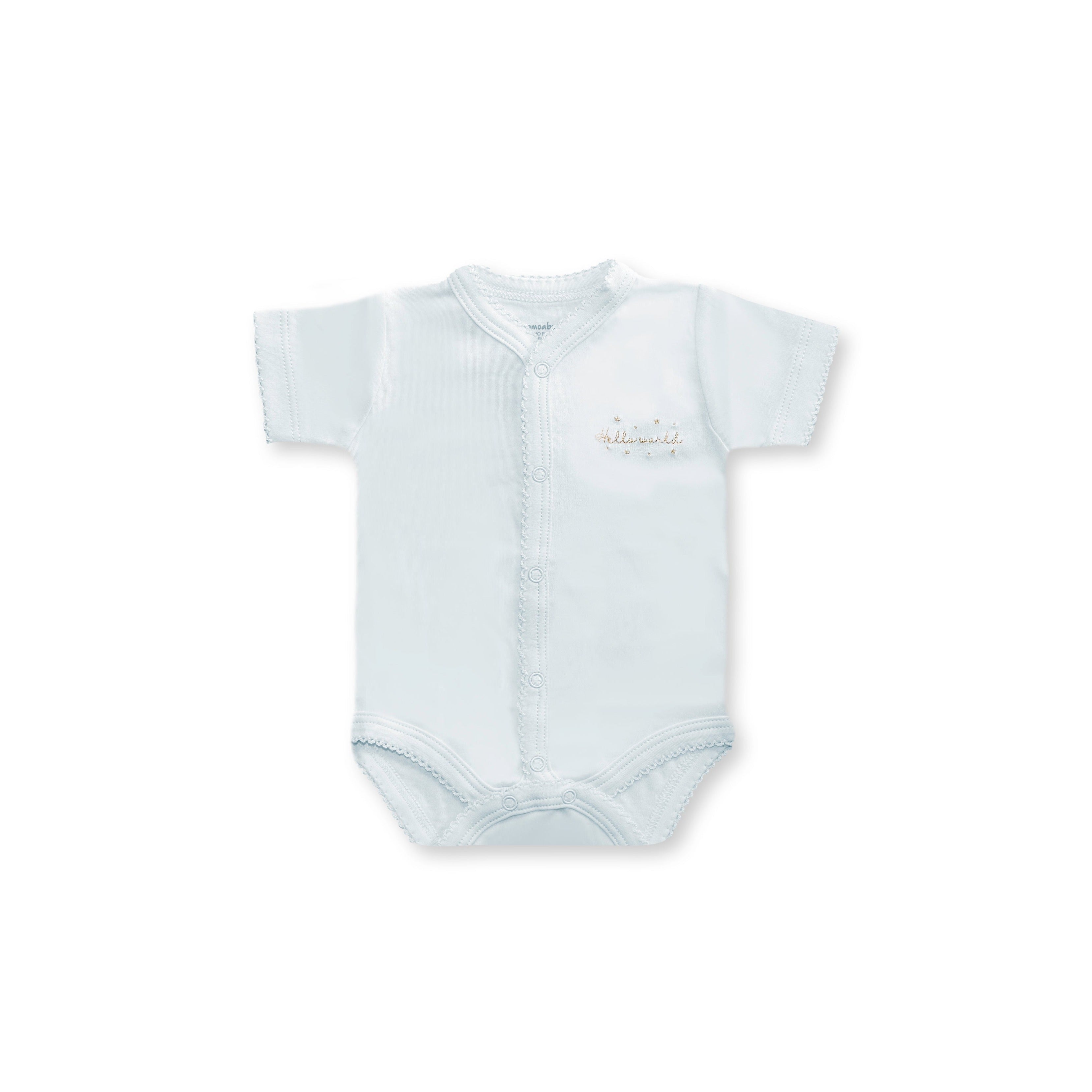 Hello World Short Sleeve Snapped Bodysuit, Blue