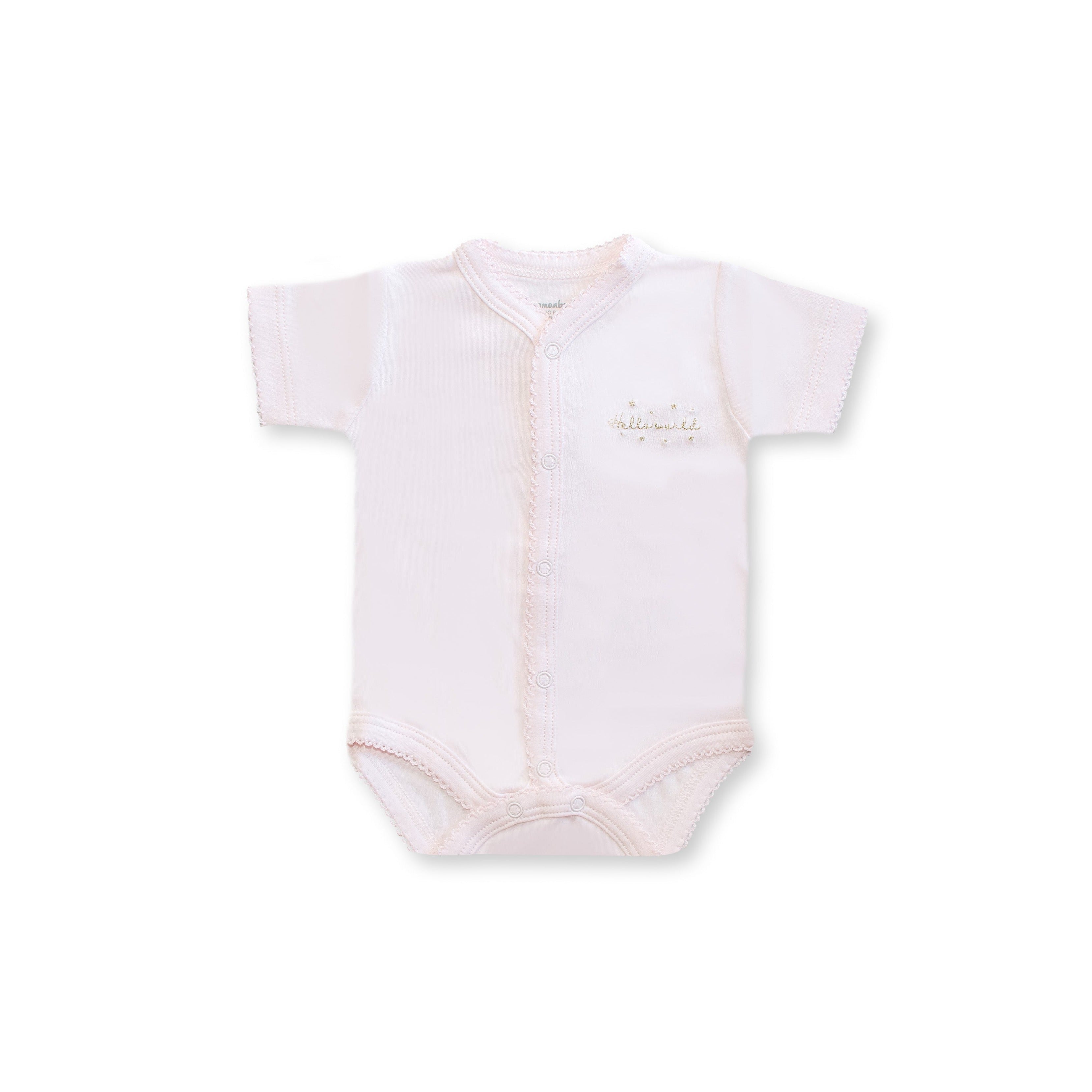 Hello World Short Sleeve Snapped Bodysuit, Pink