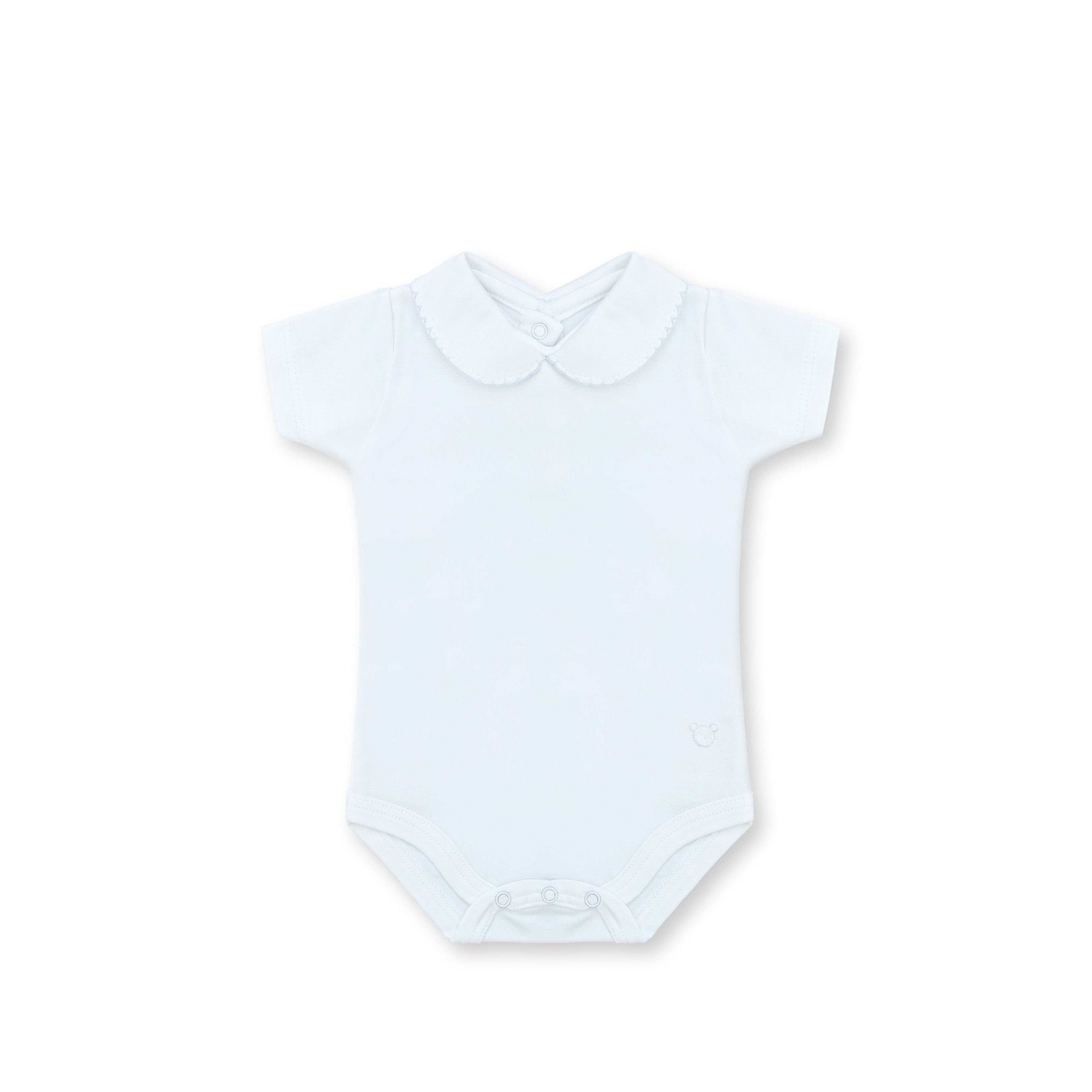 Short Sleeve Bebe Collar Bodysuit, White & Blue