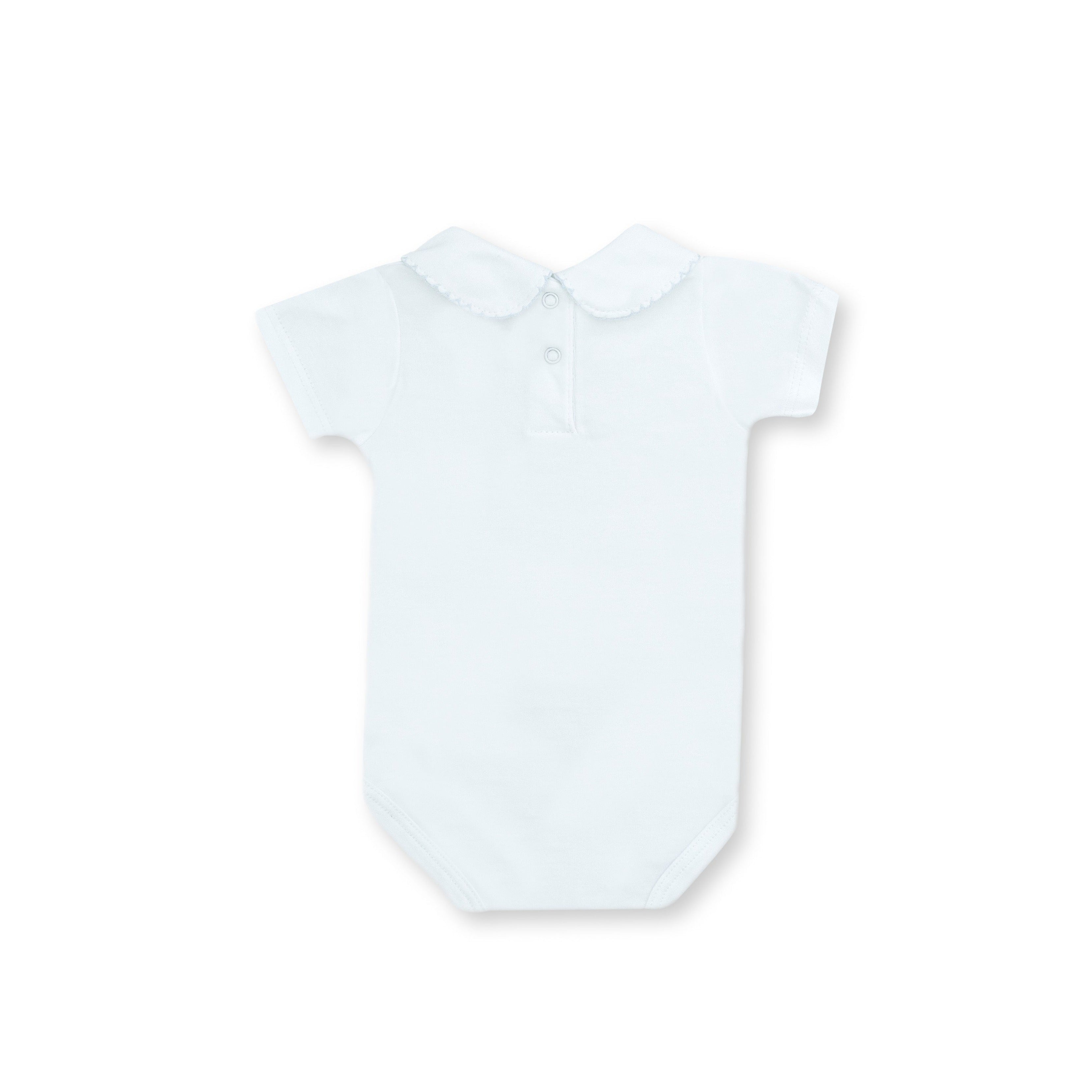 Short Sleeve Bebe Collar Bodysuit, White & Blue