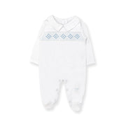Hand Smocked Pima Playsuit, White & Blue