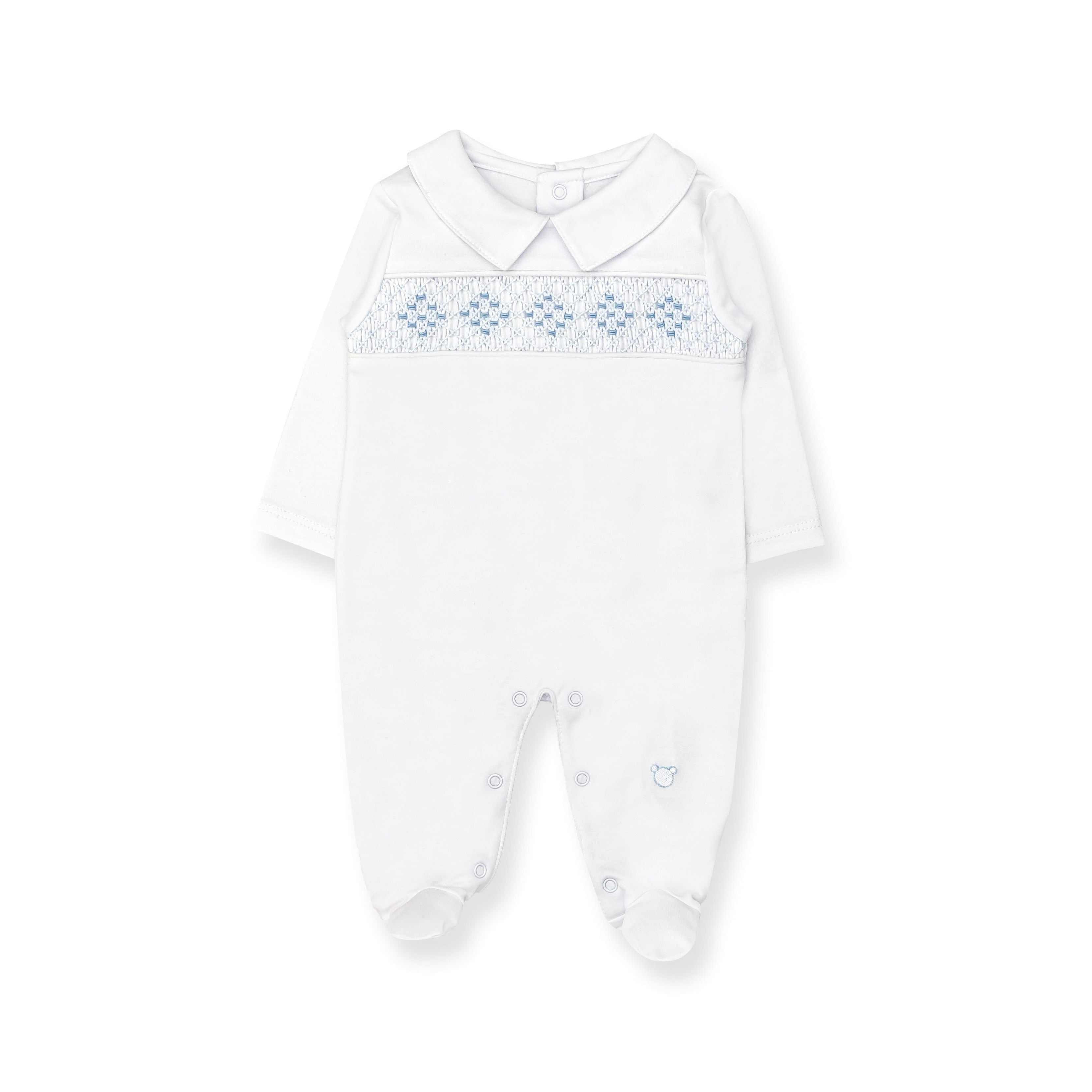 Hand Smocked Pima Playsuit, White & Blue