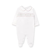 Hand Smocked Pima Playsuit, White & Pink