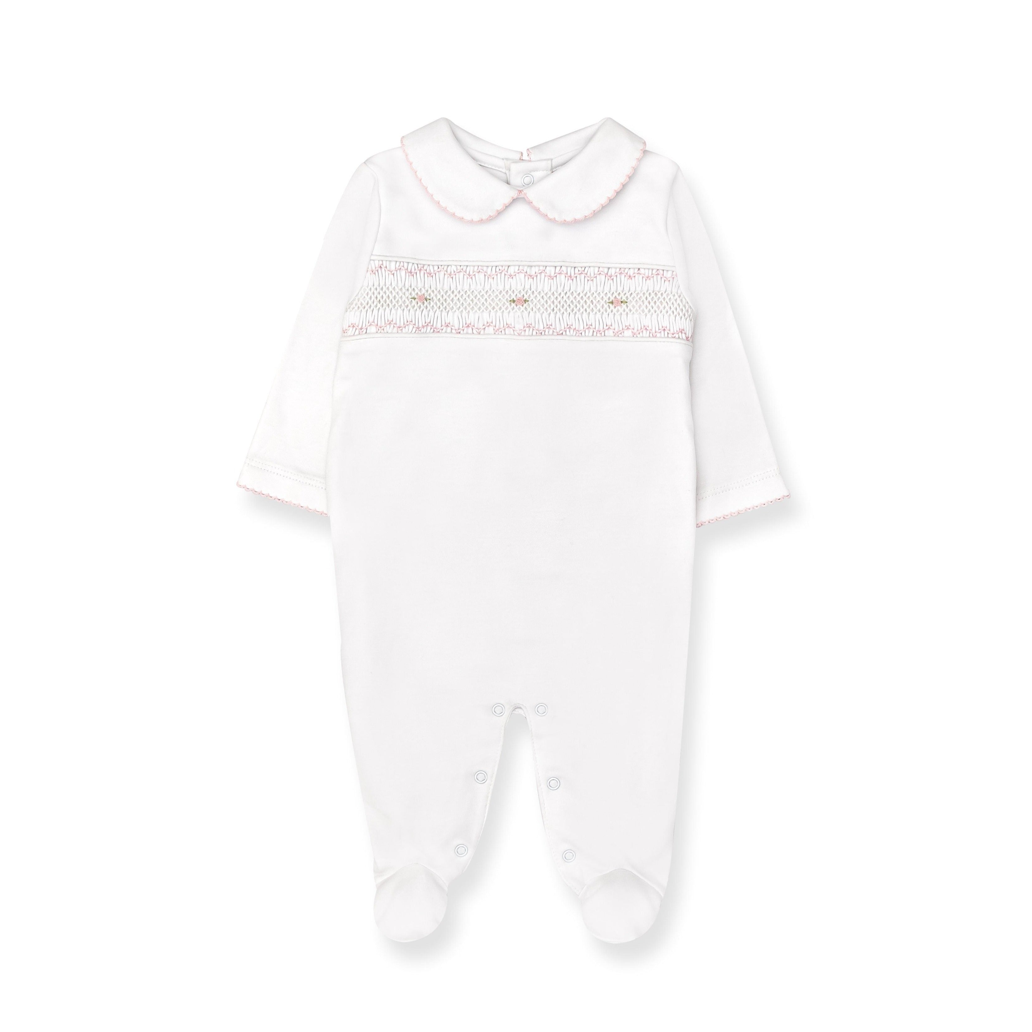 Hand Smocked Pima Playsuit, White & Pink