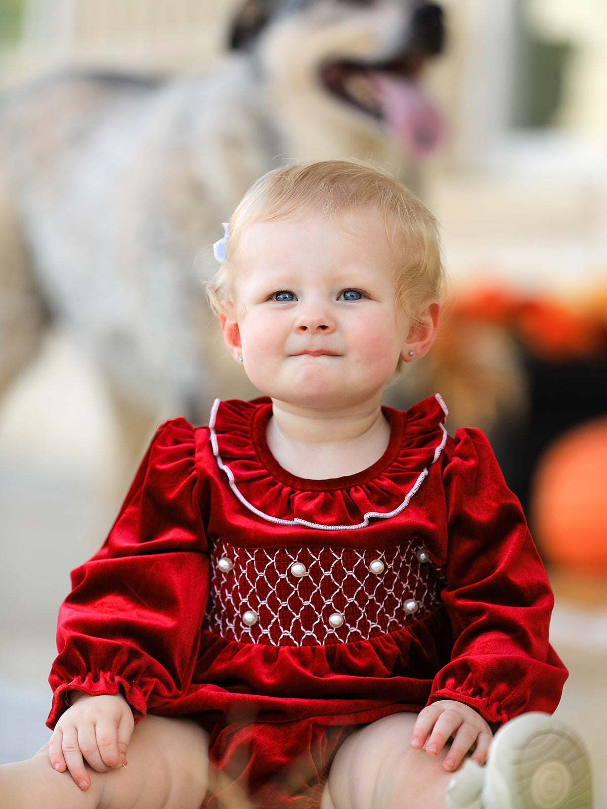 Christmas Velvet Smocked Baby Bubble Romper With Pearl Detail