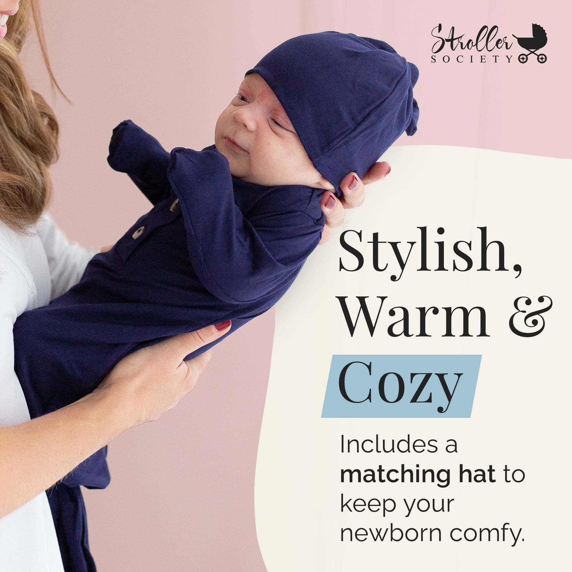 Knotted Baby Gown And Hat Set - Navy Blue (newborn-3 Months)