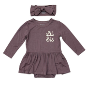 Baby Girl Long Sleeve Bodysuit Dress Set In Lil Sis In Plum