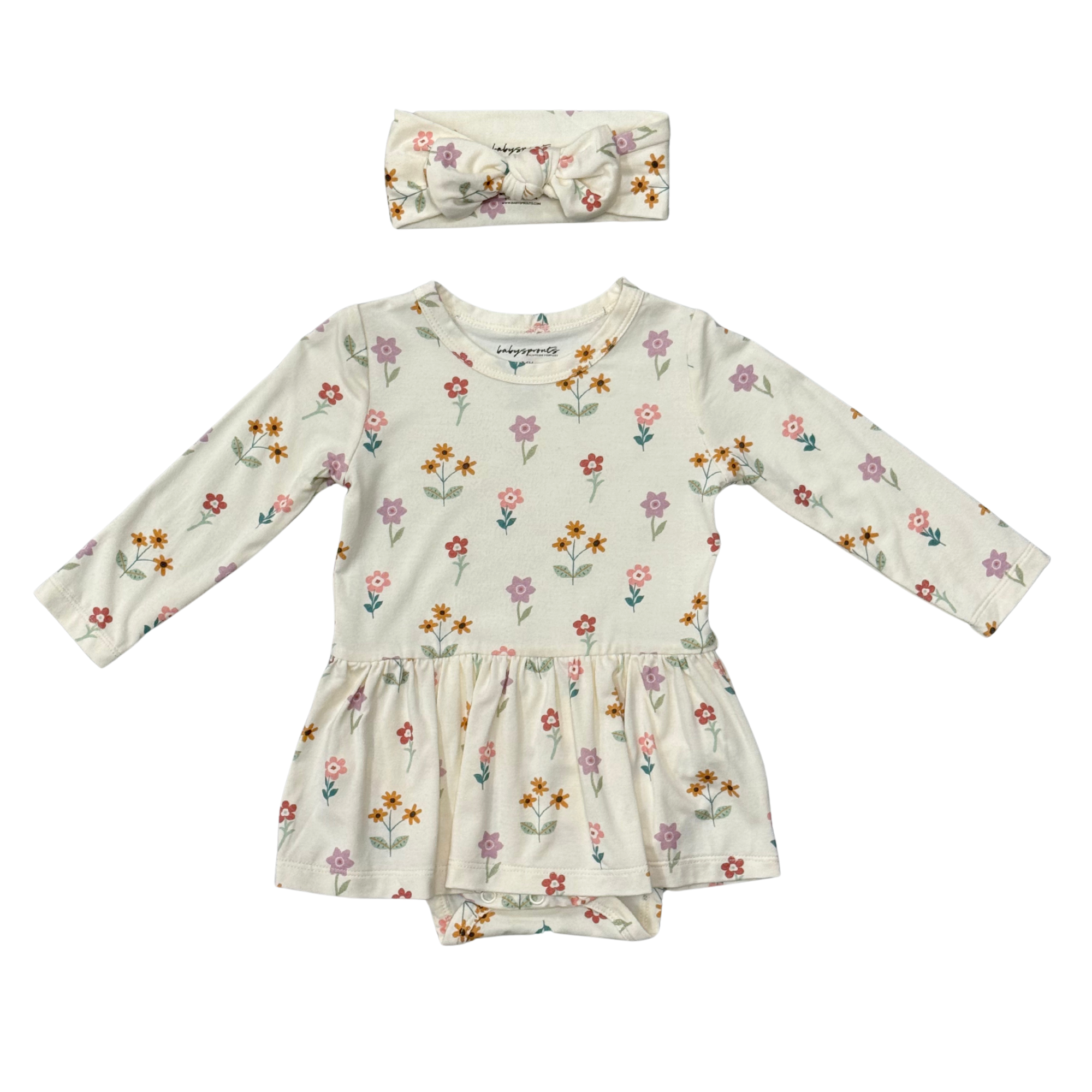 Baby Girl Long Sleeve Bodysuit Dress Set In Meadow Bloom