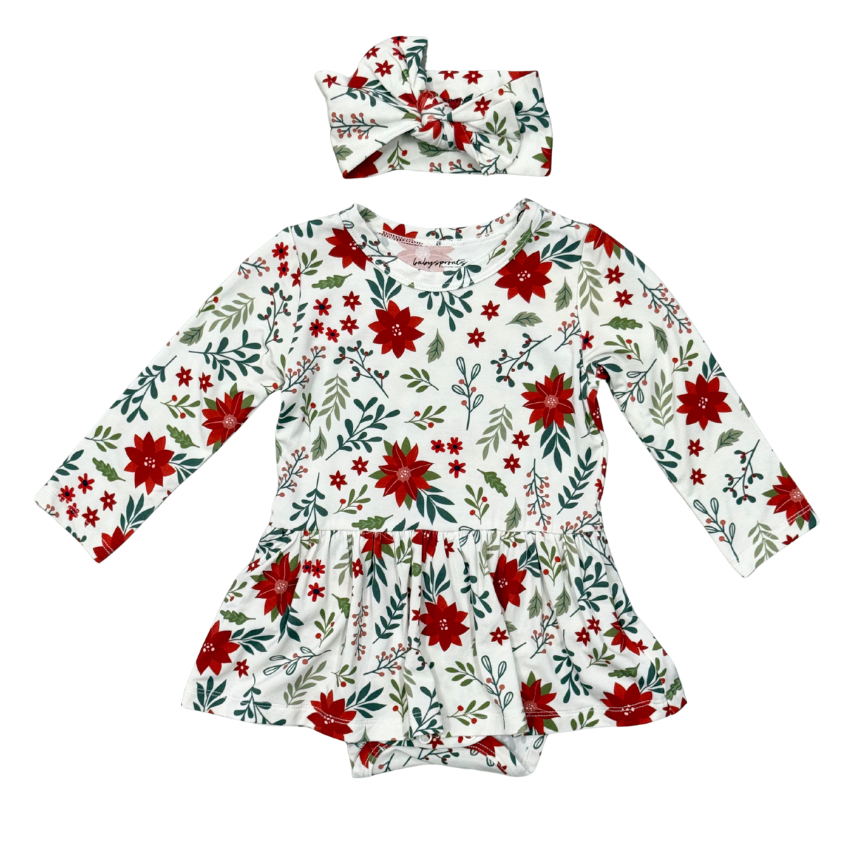 Baby Girl Long Sleeve Bodysuit Dress Set In Poinsettia