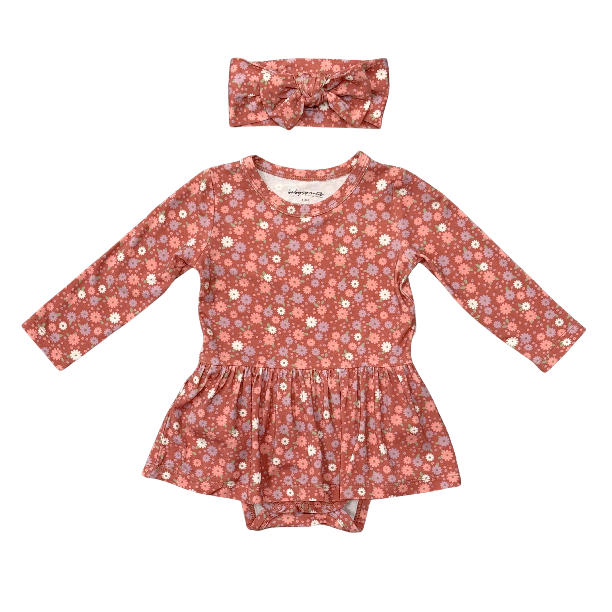 Baby Girl Long Sleeve Bodysuit Dress Set In Tiny Petals