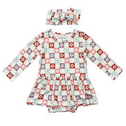 Baby Girl Long Sleeve Bodysuit Dress Set In Wavy Daisy Checkered