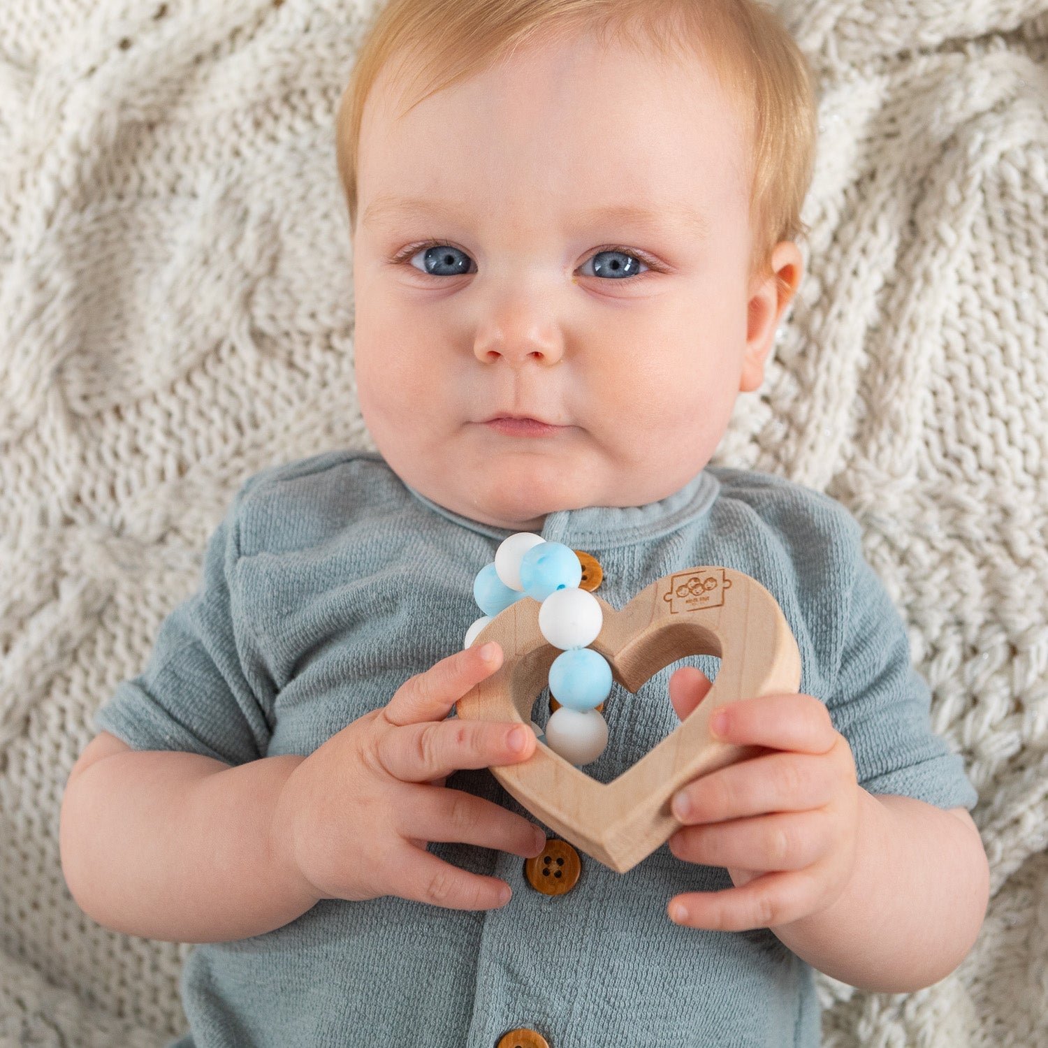 Silicone Bead Teether With Organic Cotton Bag - Heart With Blue Beads | Made In The Usa 🇺🇸