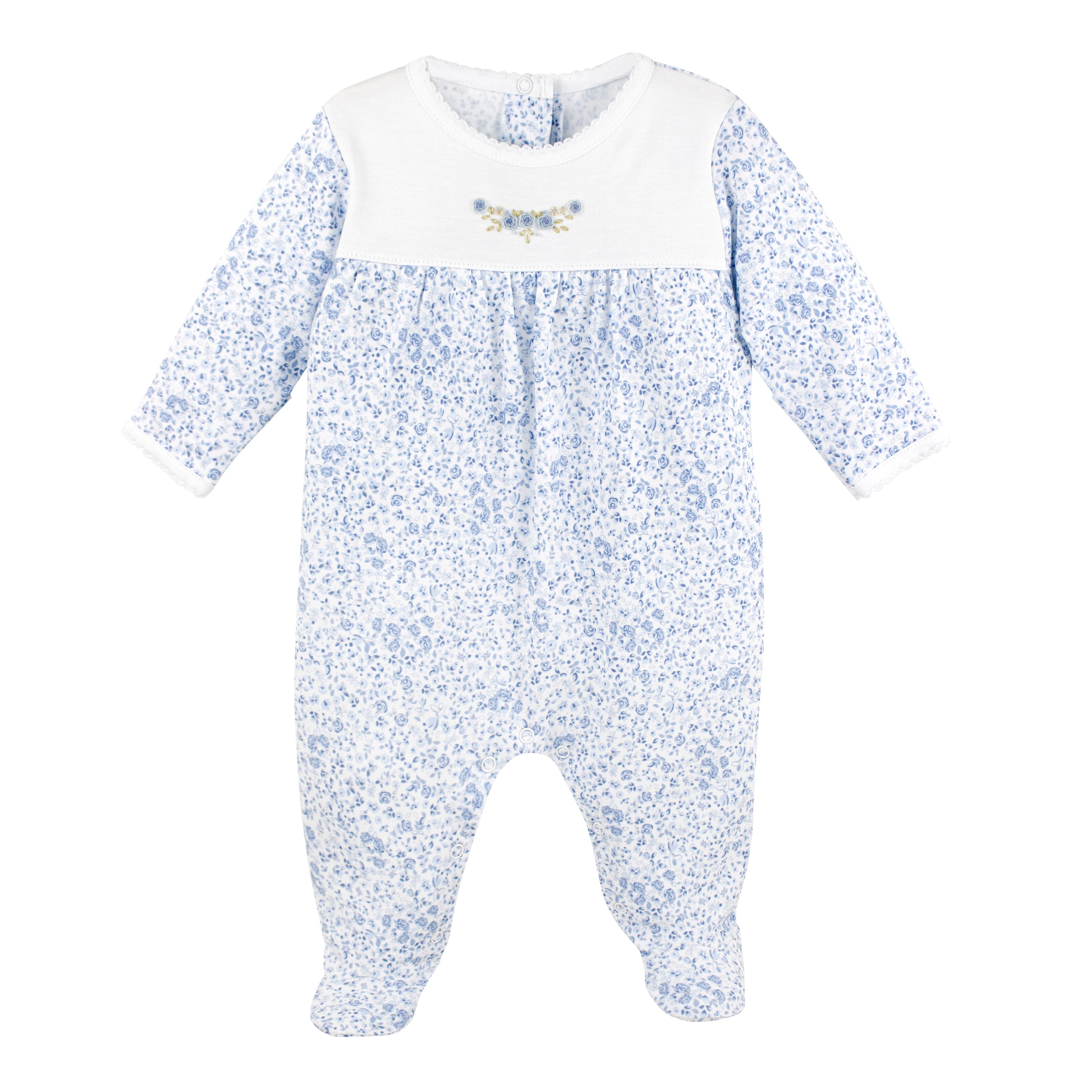 Blue Roses Embroidery And Printed Footie | Baby Girl