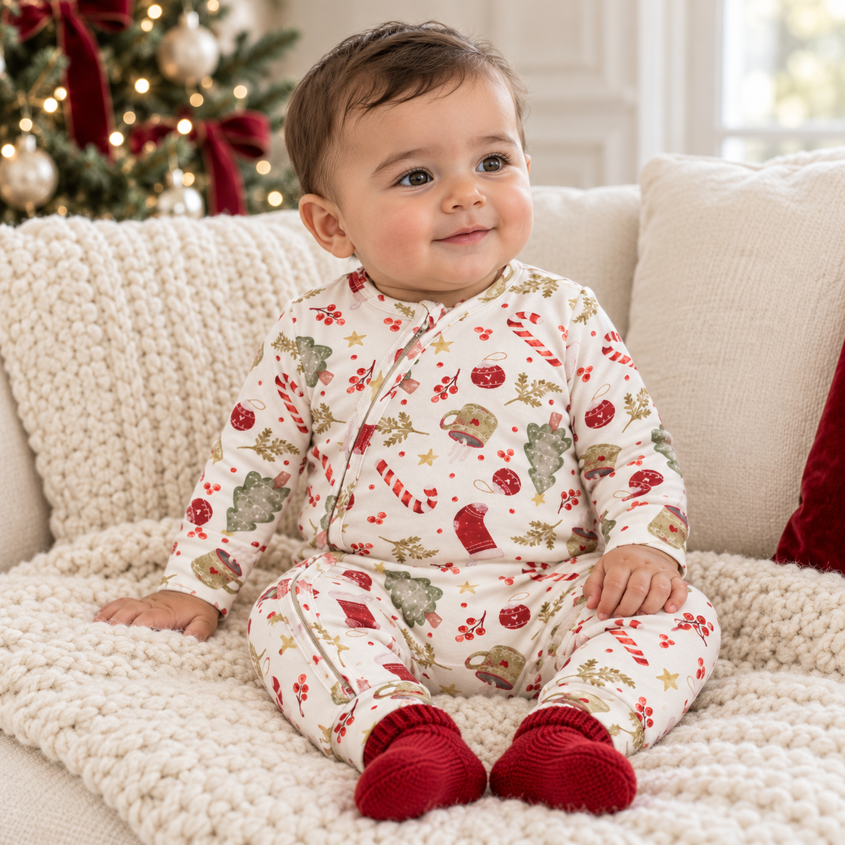 Bamboo Holiday Baby Zip Romper – Christmas One-piece Pajamas - Noel