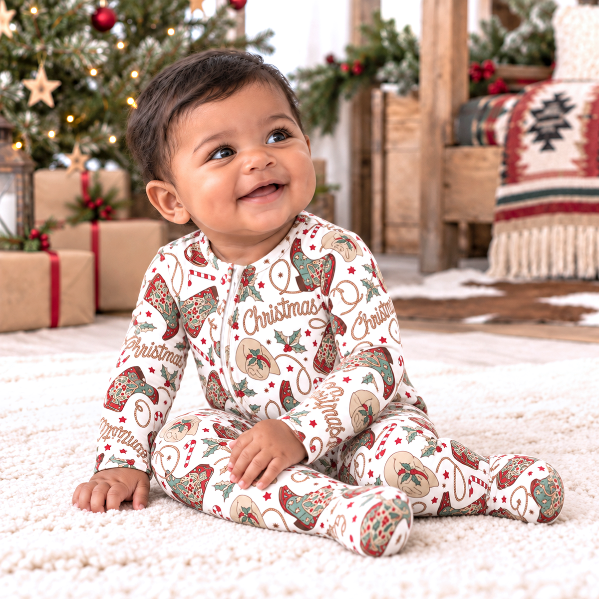 Western Christmas Baby Bamboo Zipper Romper - Cowboy Holiday