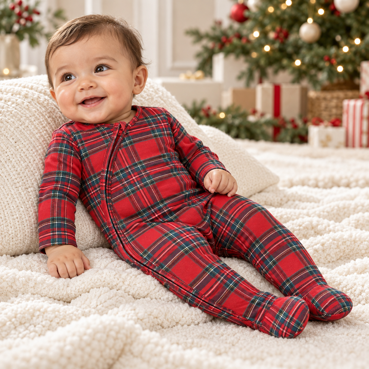 Christmas Bamboo Baby Zipper Romper – Classic Holiday Tartan Plaid