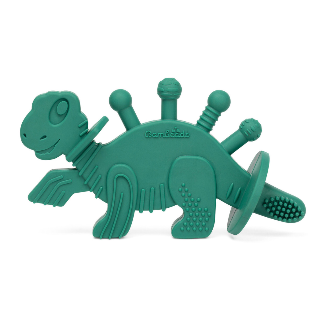 Dibly - Green - Baltic Amber & Natural Rubber Dinosaur Teether With Toothbrush Tail