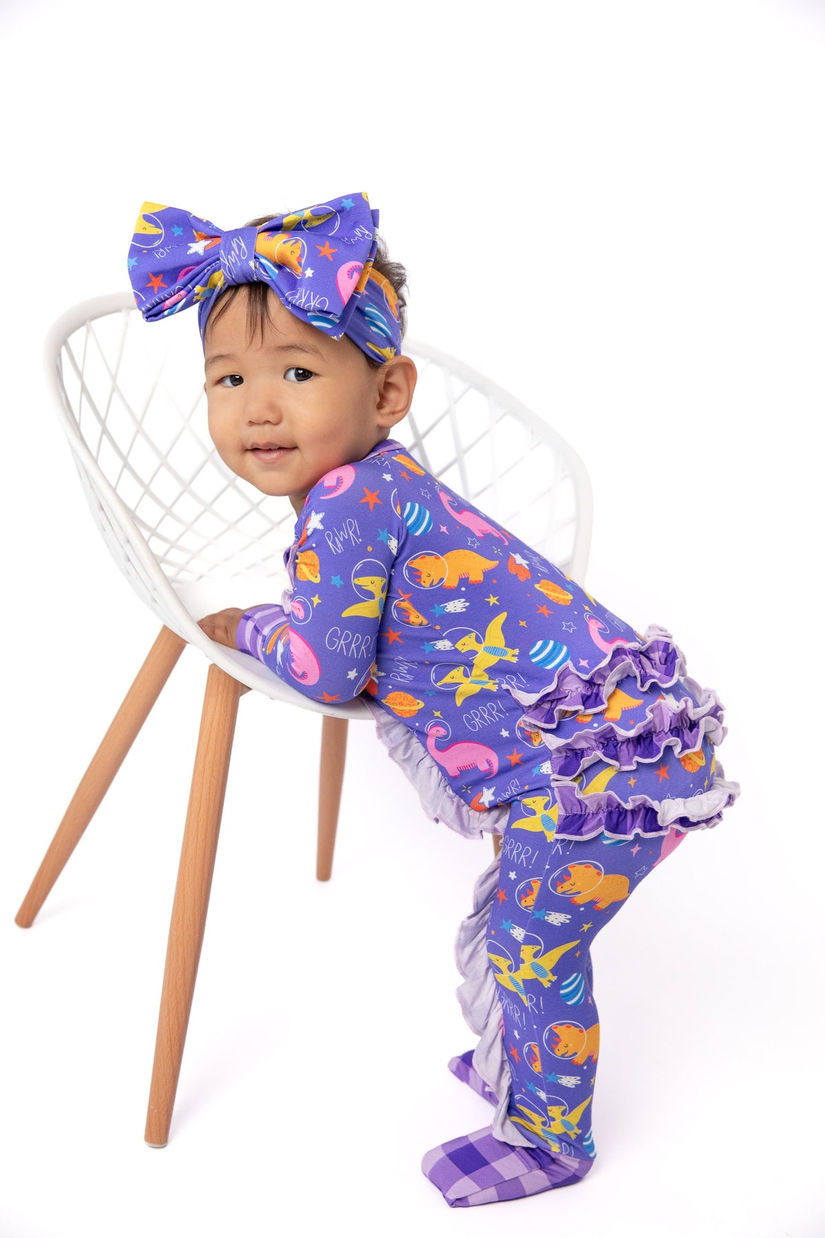 Space Dinosaur Bamboo Purple Double-zip Onesie With Frills