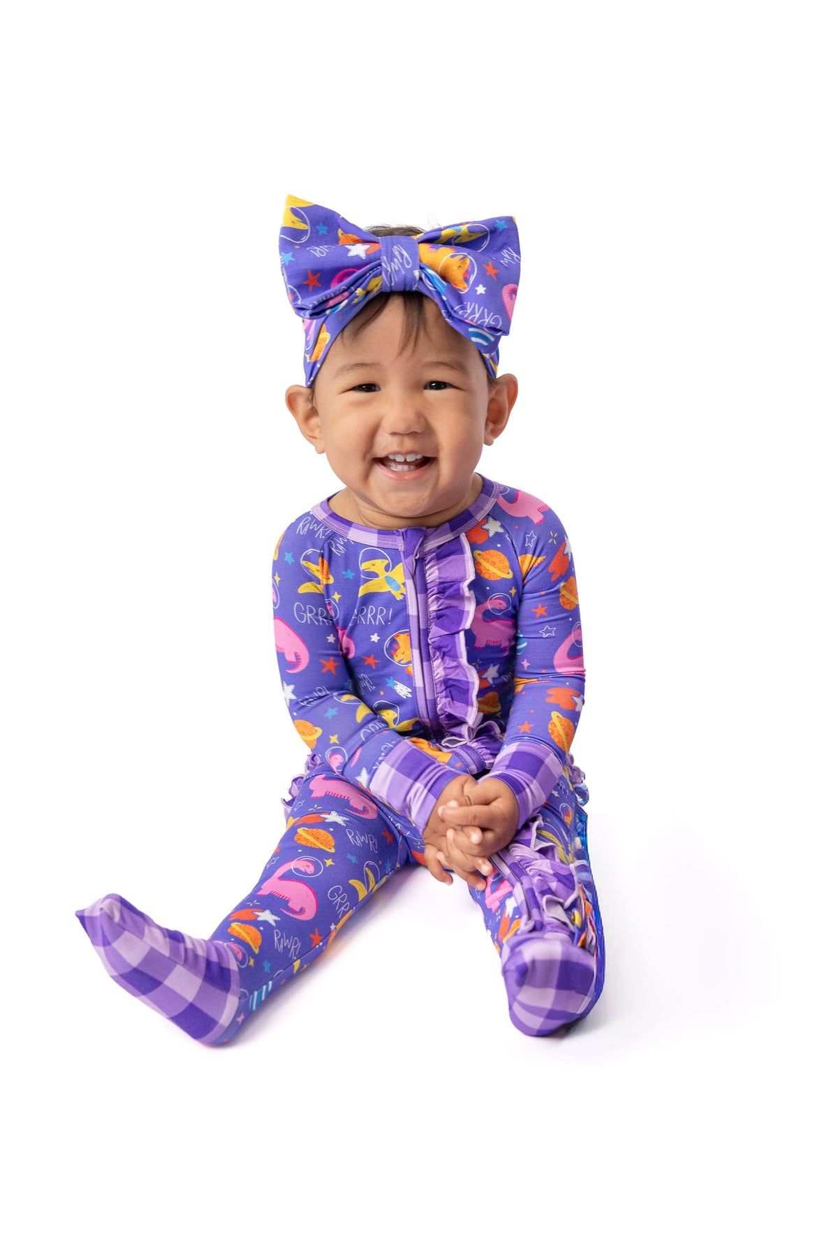 Space Dinosaur Bamboo Purple Double-zip Onesie With Frills