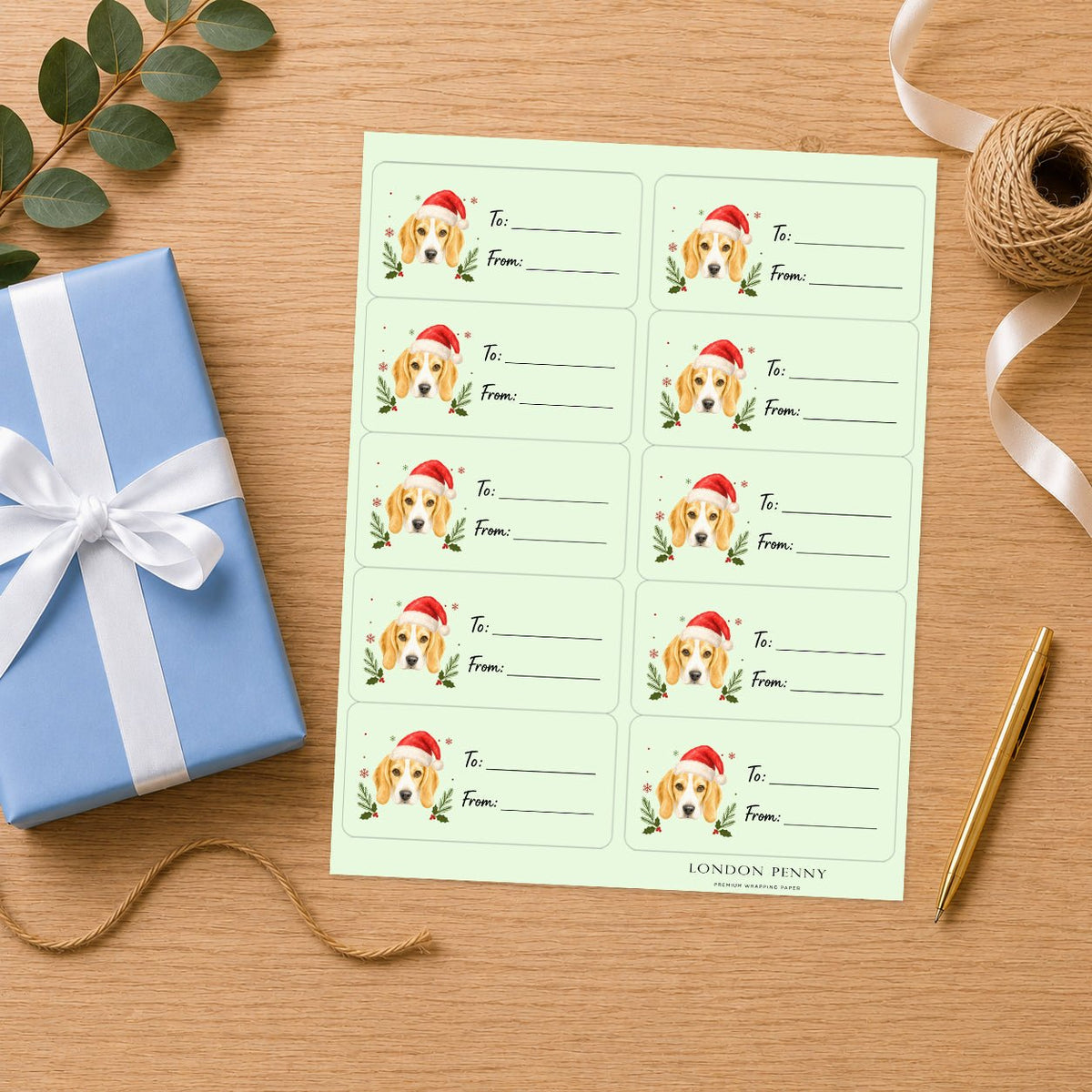 Beagle Santa Paws Gift Tag Sticker Sheet