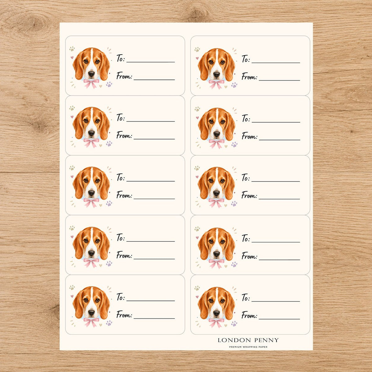 Beagle Paws & Bows Gift Tag Sticker Sheet