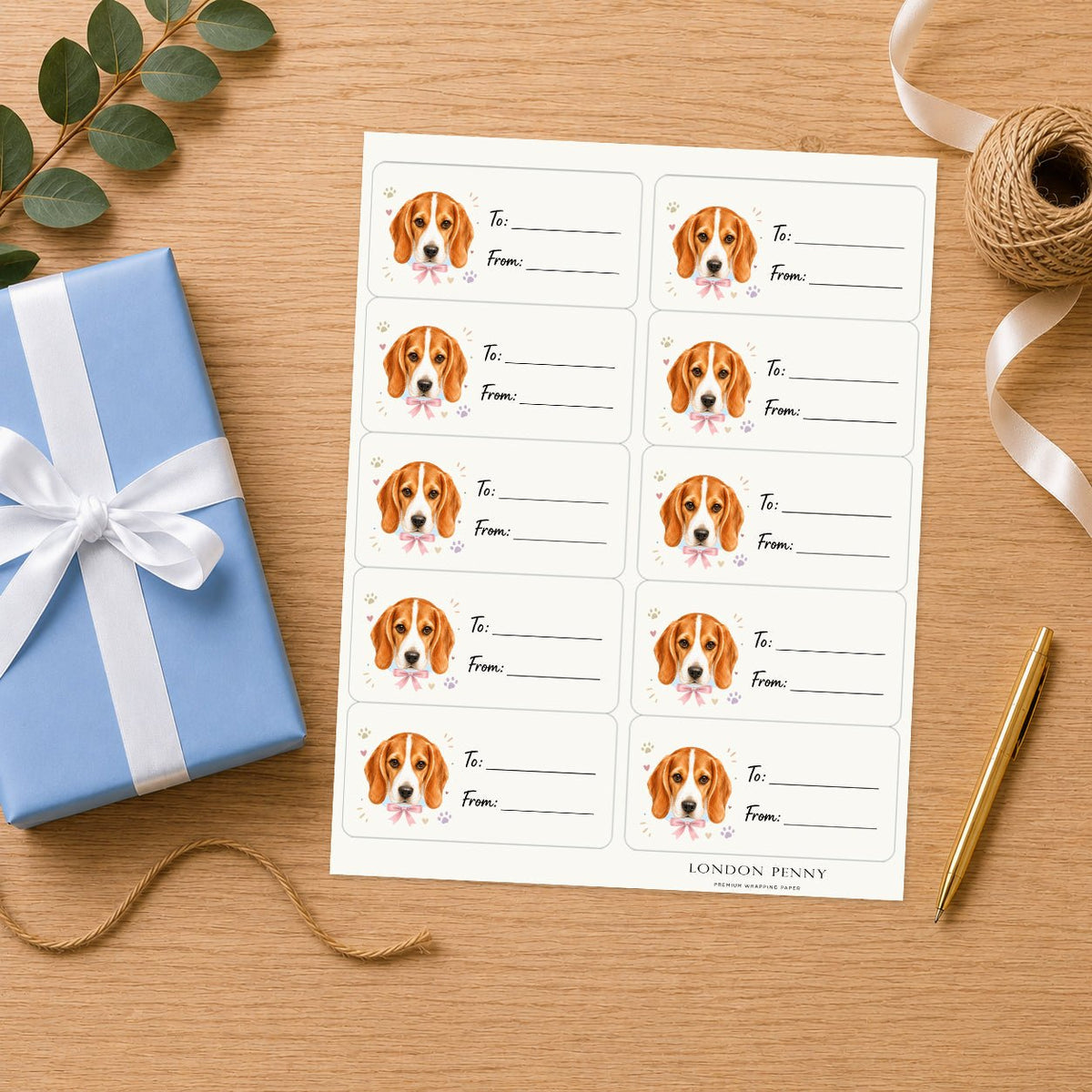 Beagle Paws & Bows Gift Tag Sticker Sheet