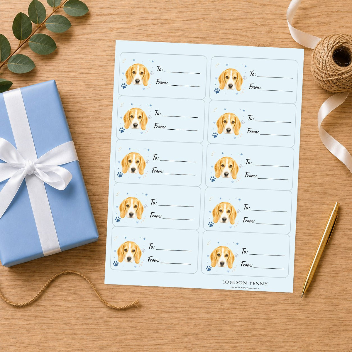 Beagle Pawprint Wishes Gift Tag Sticker Sheet