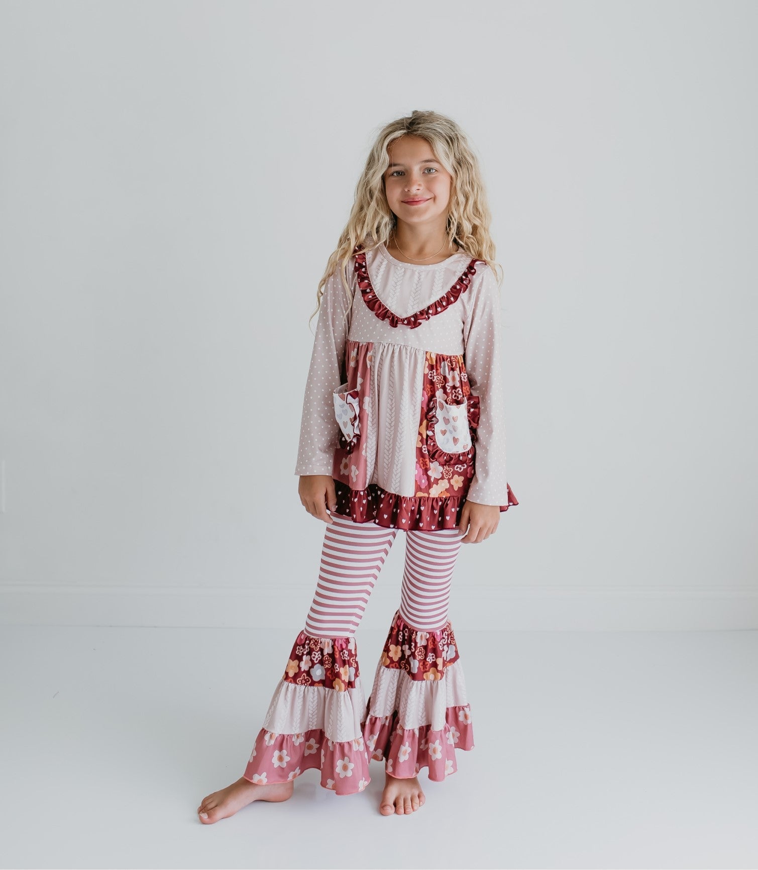 Beige Floral Bell Bottom Pant Set