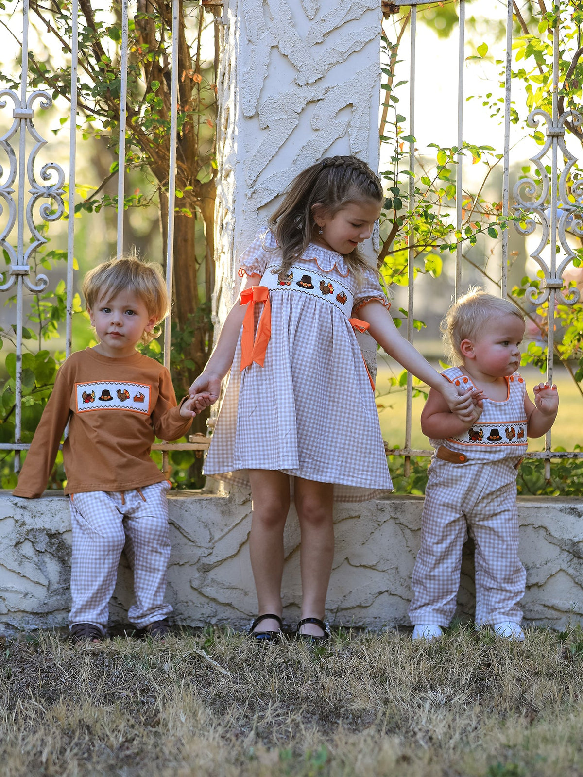 Thanksgiving Boys Embroidered Shirt Gingham Pants Set Fall Outfit