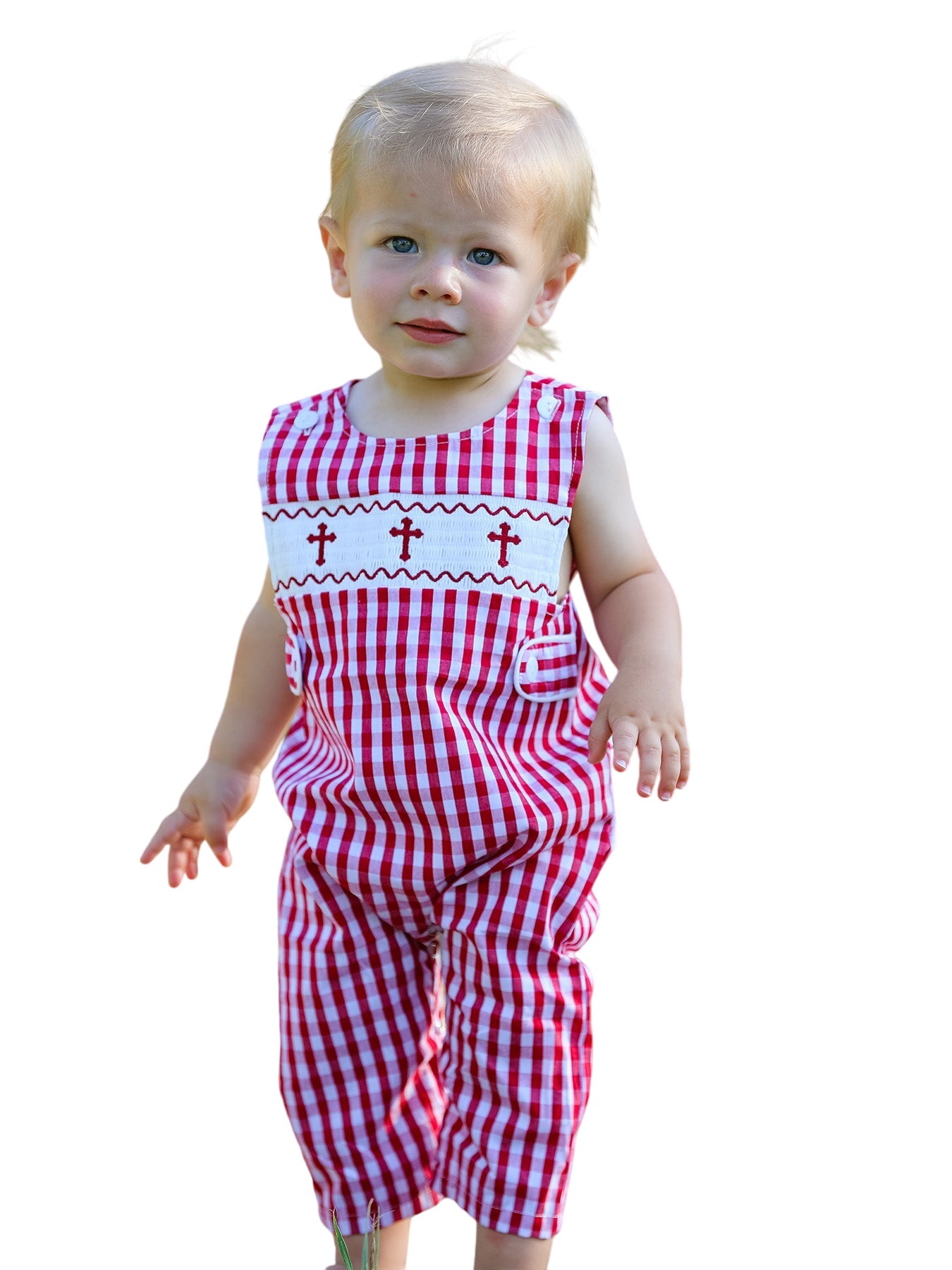 Red Plaid Smocked Church Christ Bishop Christening Baby Boys' Romper