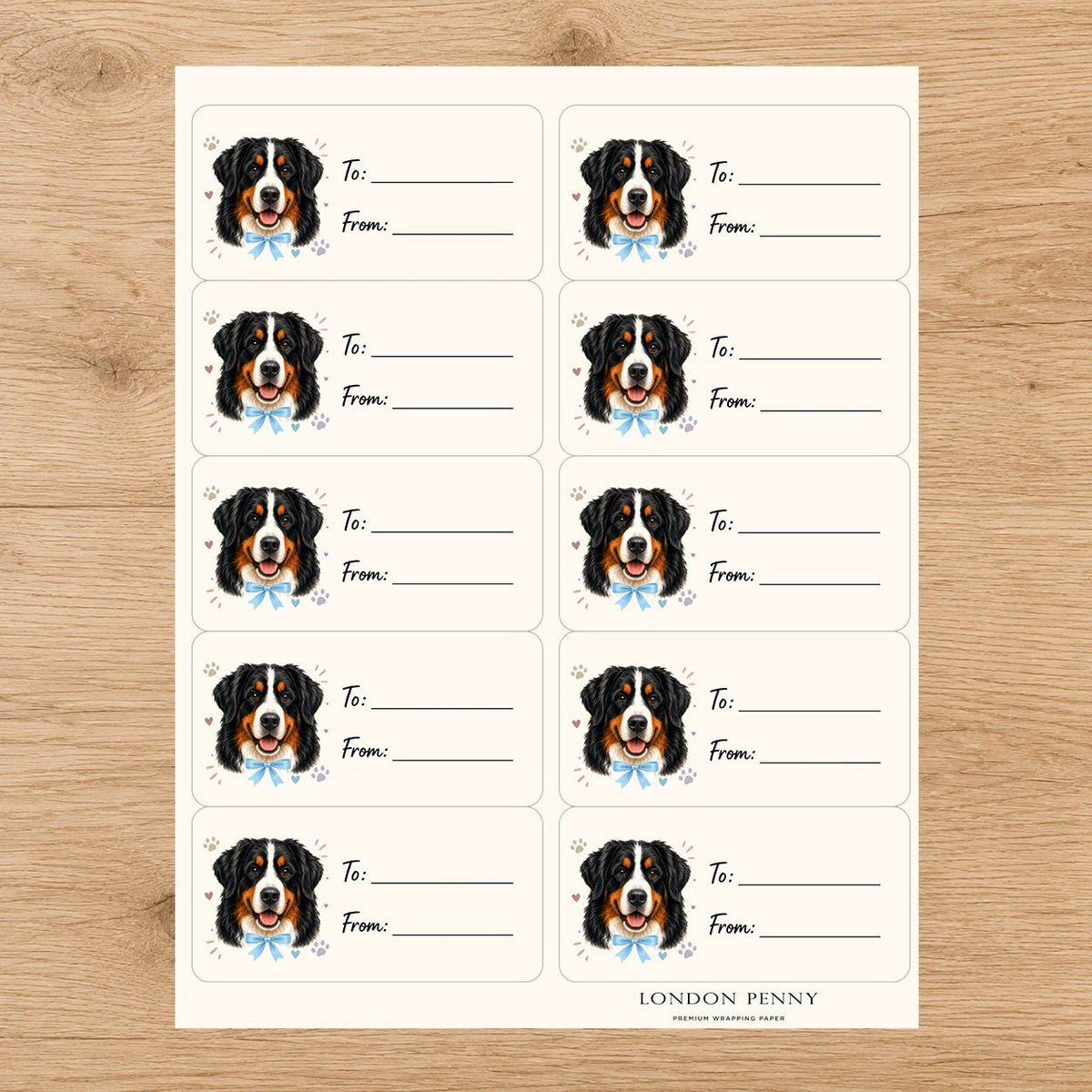 Bernese Mountain Dog Paws & Bows Gift Tag Sticker Sheet