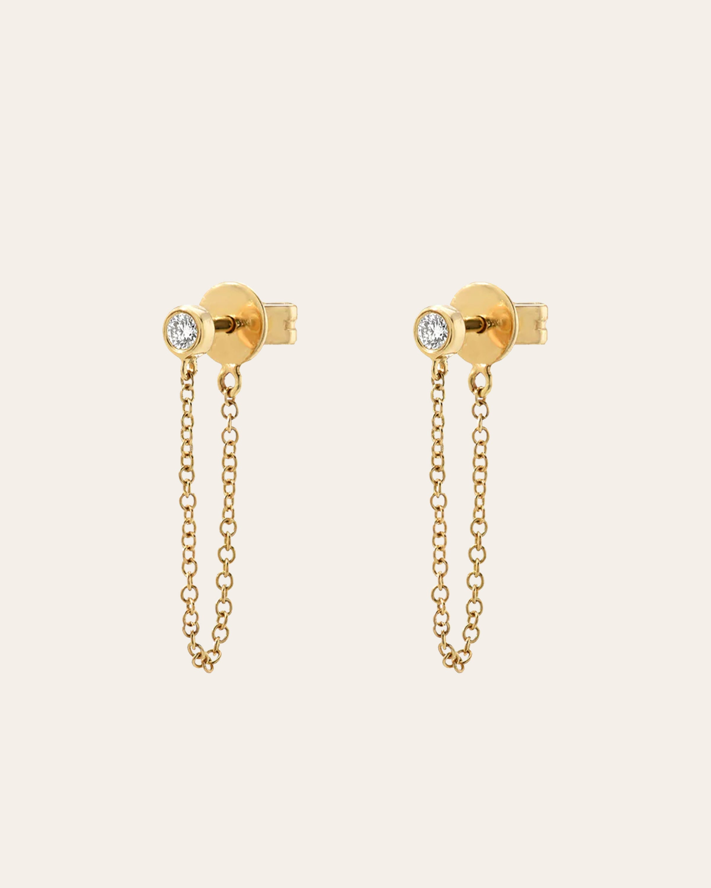 Bezel Diamond Stud Chain Earrings