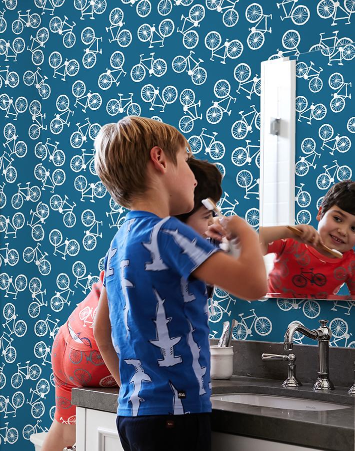 'bicycles' Wallpaper By Tea Collection - Cadet Blue