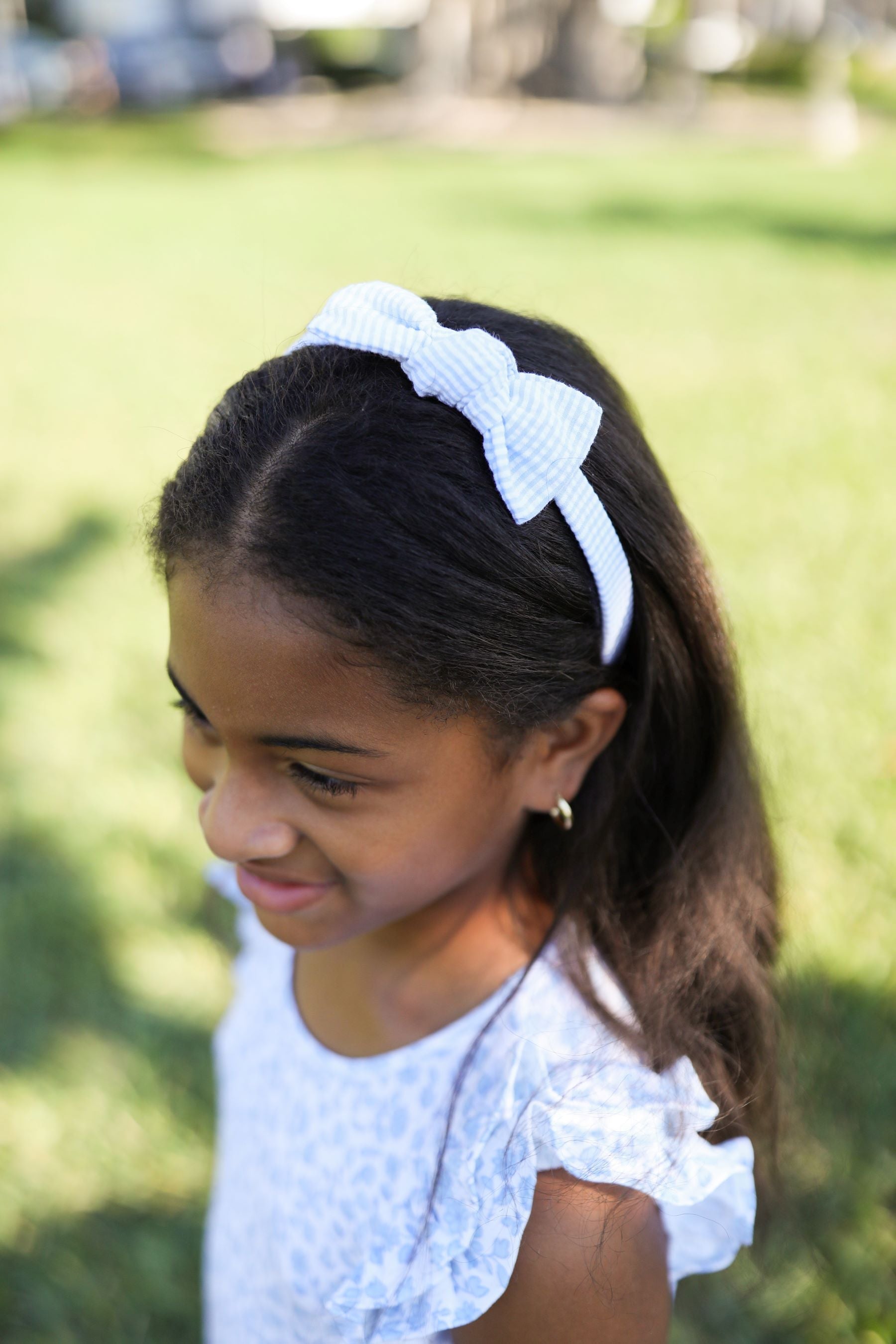 Seersucker Bow Headband In Blue/white