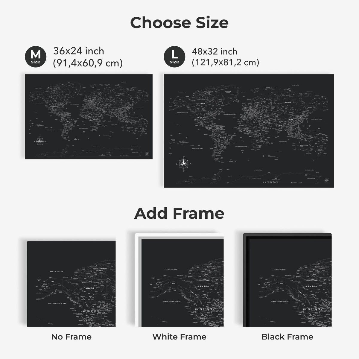 World Map On Canvas - Black