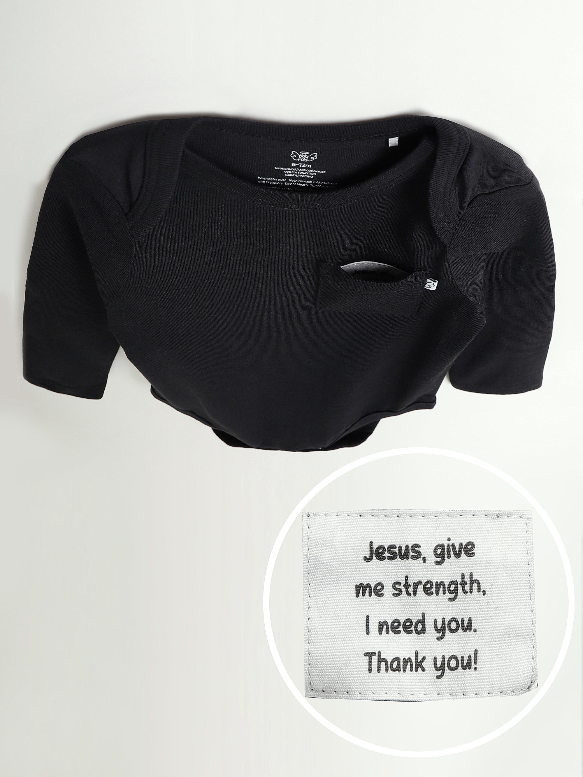 Black Prayer Pocket Long Sleeve Bodysuit Cotton
