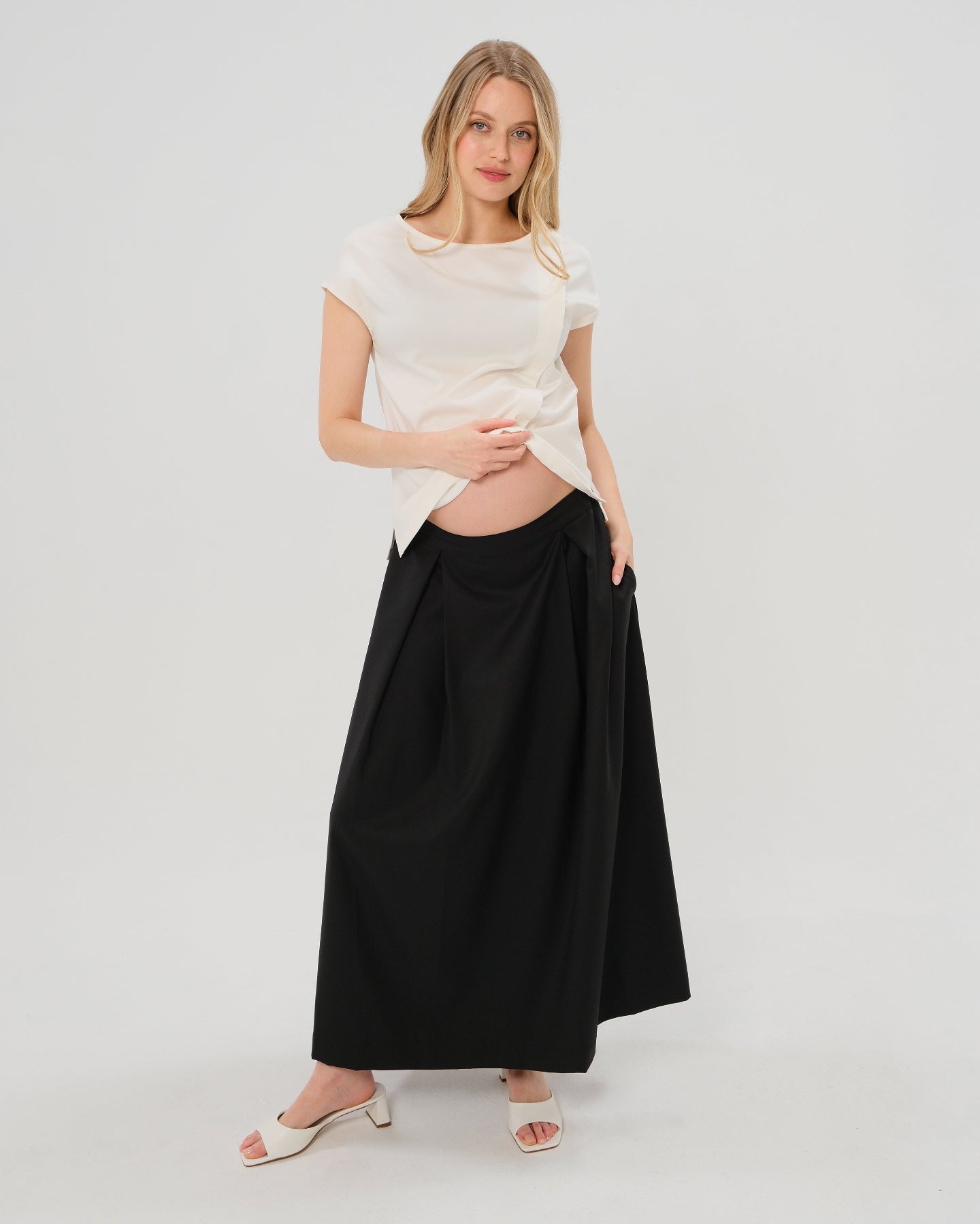 Over-under Bump Pleated Maternity Maxi Skirt In Lightweight Wool Blend