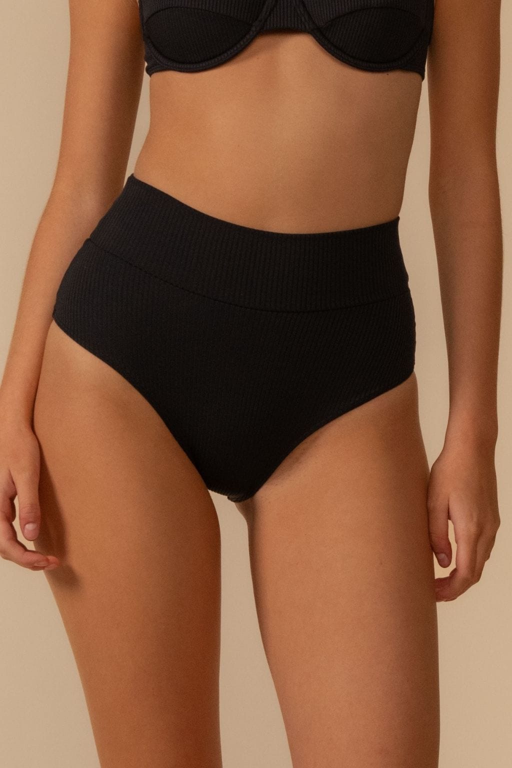 Black Rib Added Coverage High Rise Bikini Bottom