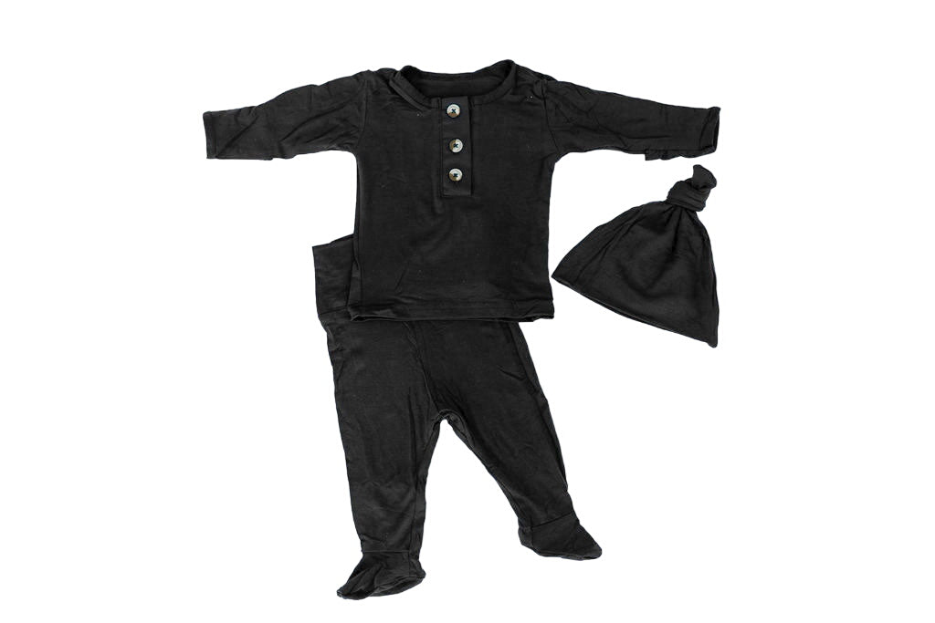 Top And Bottom Outfit And Hat Set (newborn-12 Months Sizes) Black