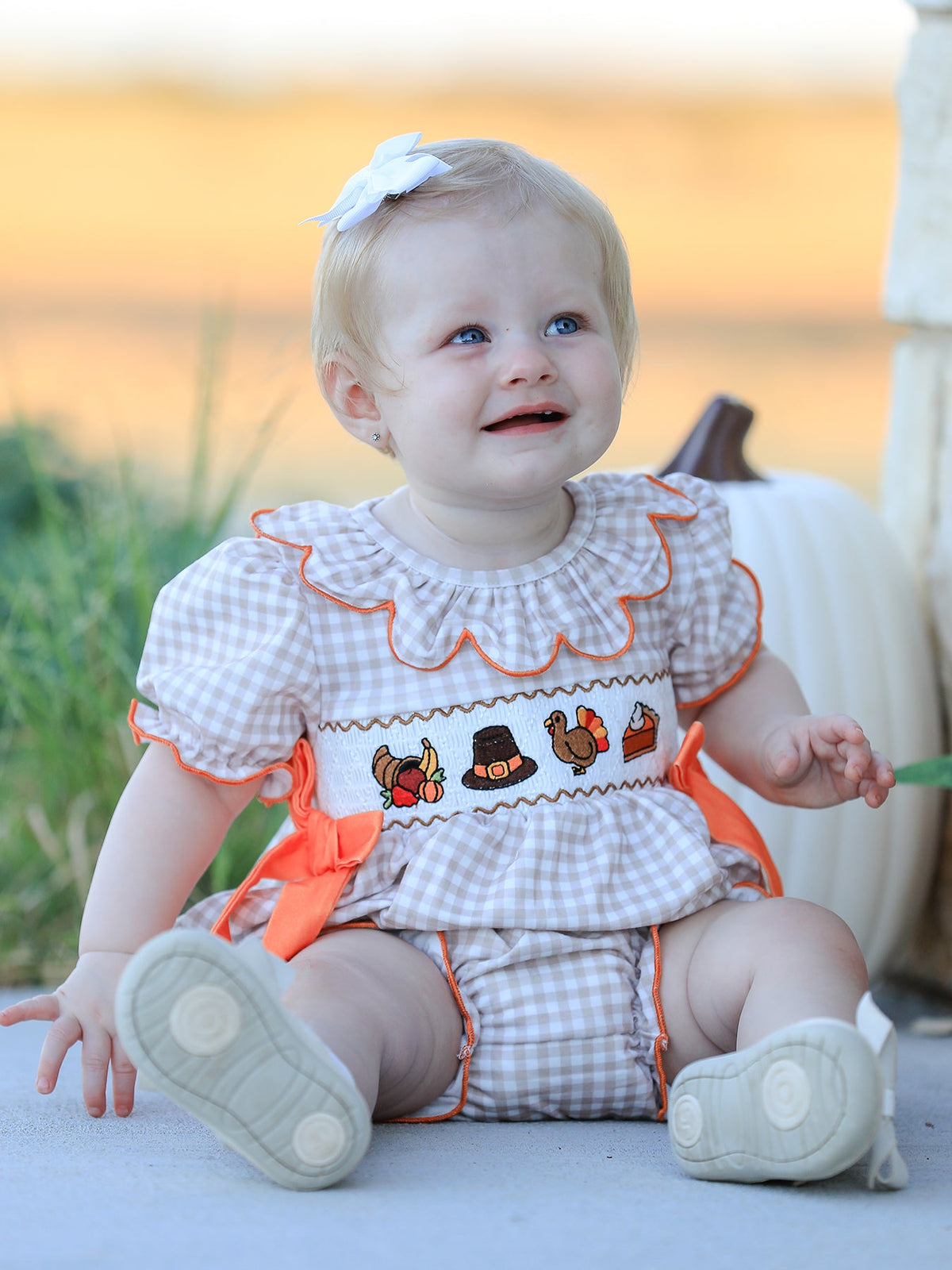 Thanksgiving Smocked Girls Dress Bloomer Set Turkey Embroidery