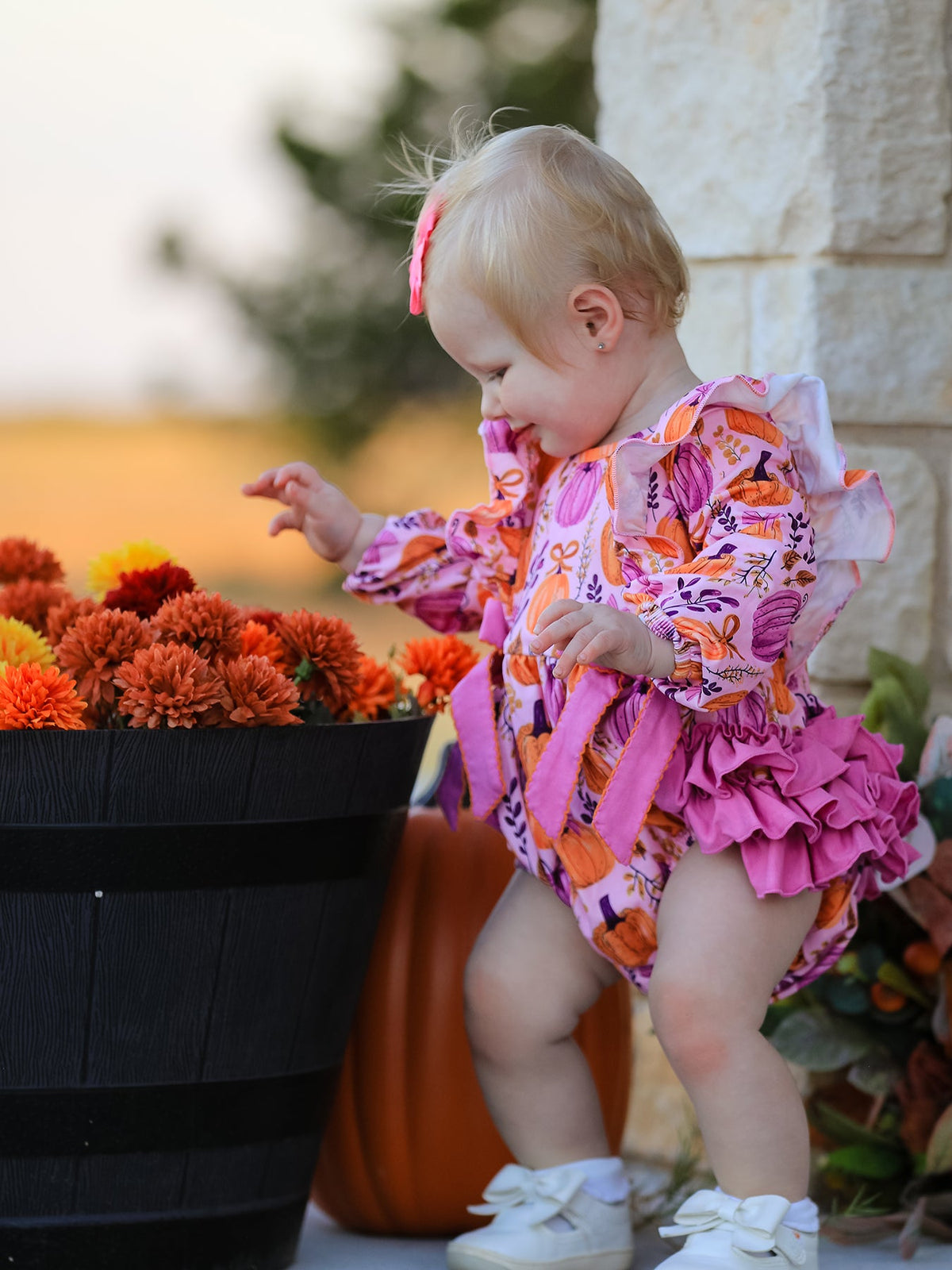 Halloween Thanksgiving Pumpkin Girls Romper With Ruffle Bow
