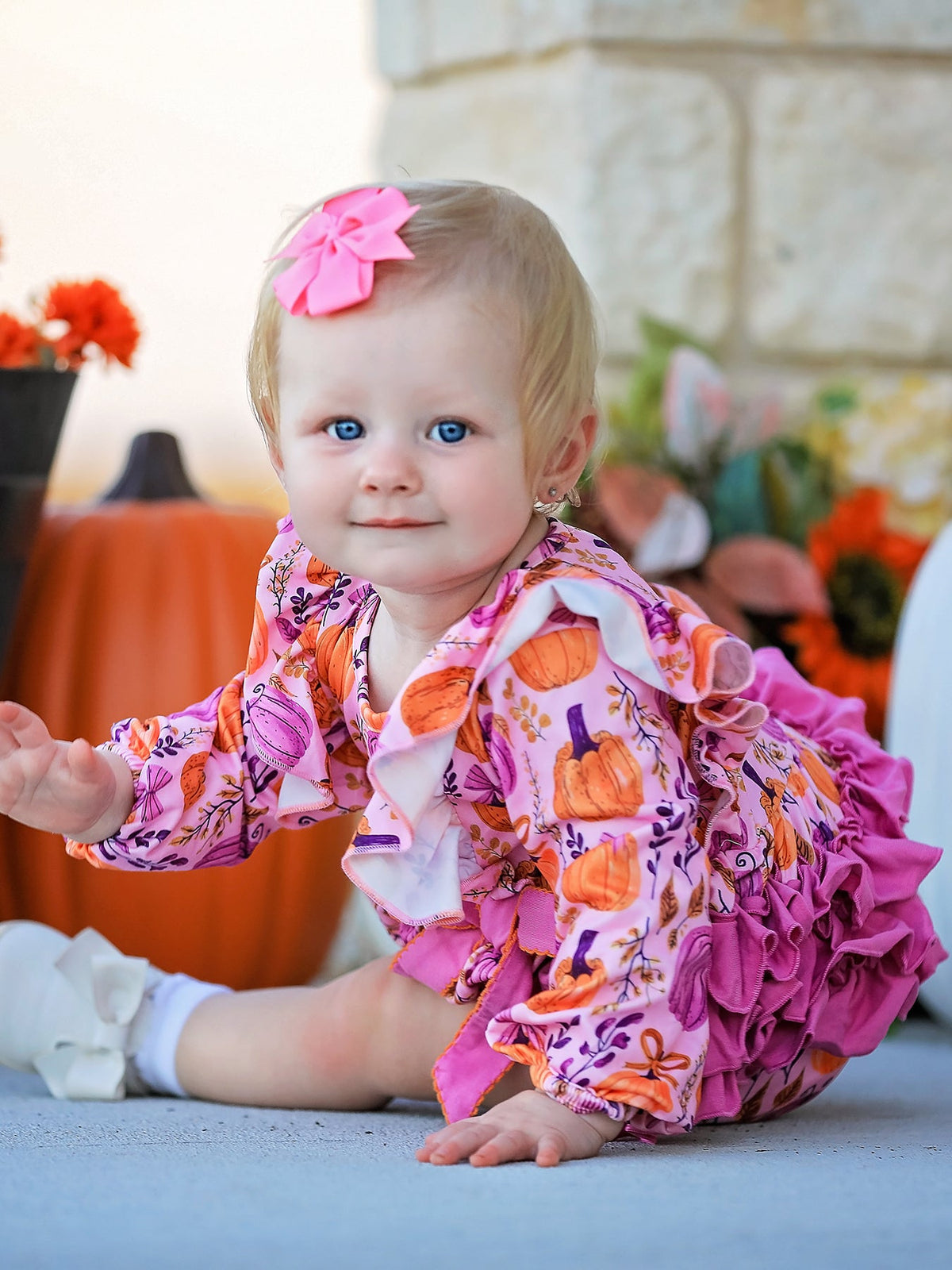 Halloween Thanksgiving Pumpkin Girls Romper With Ruffle Bow