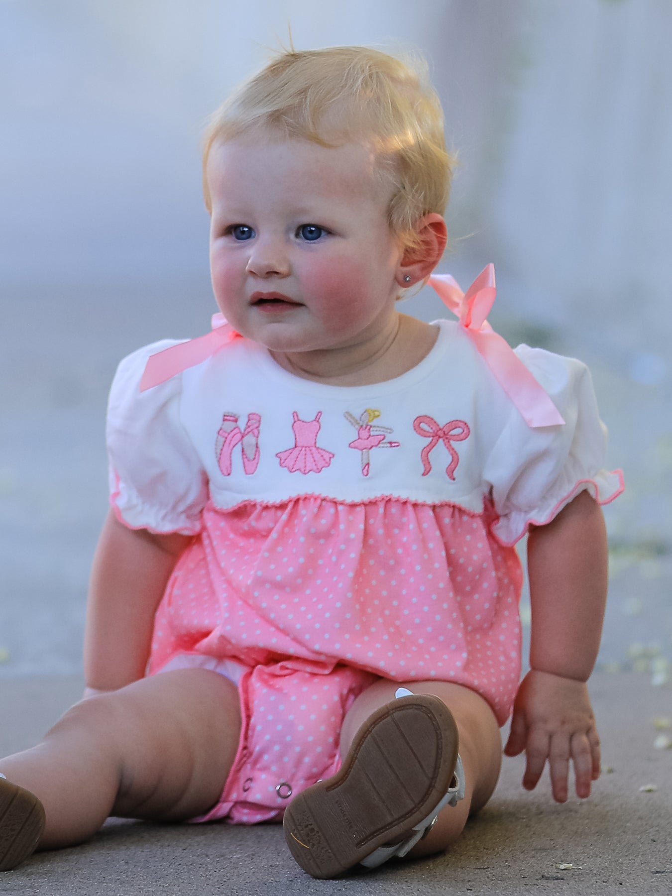 Pink Ballet Embroidery Bow Bubble Romper