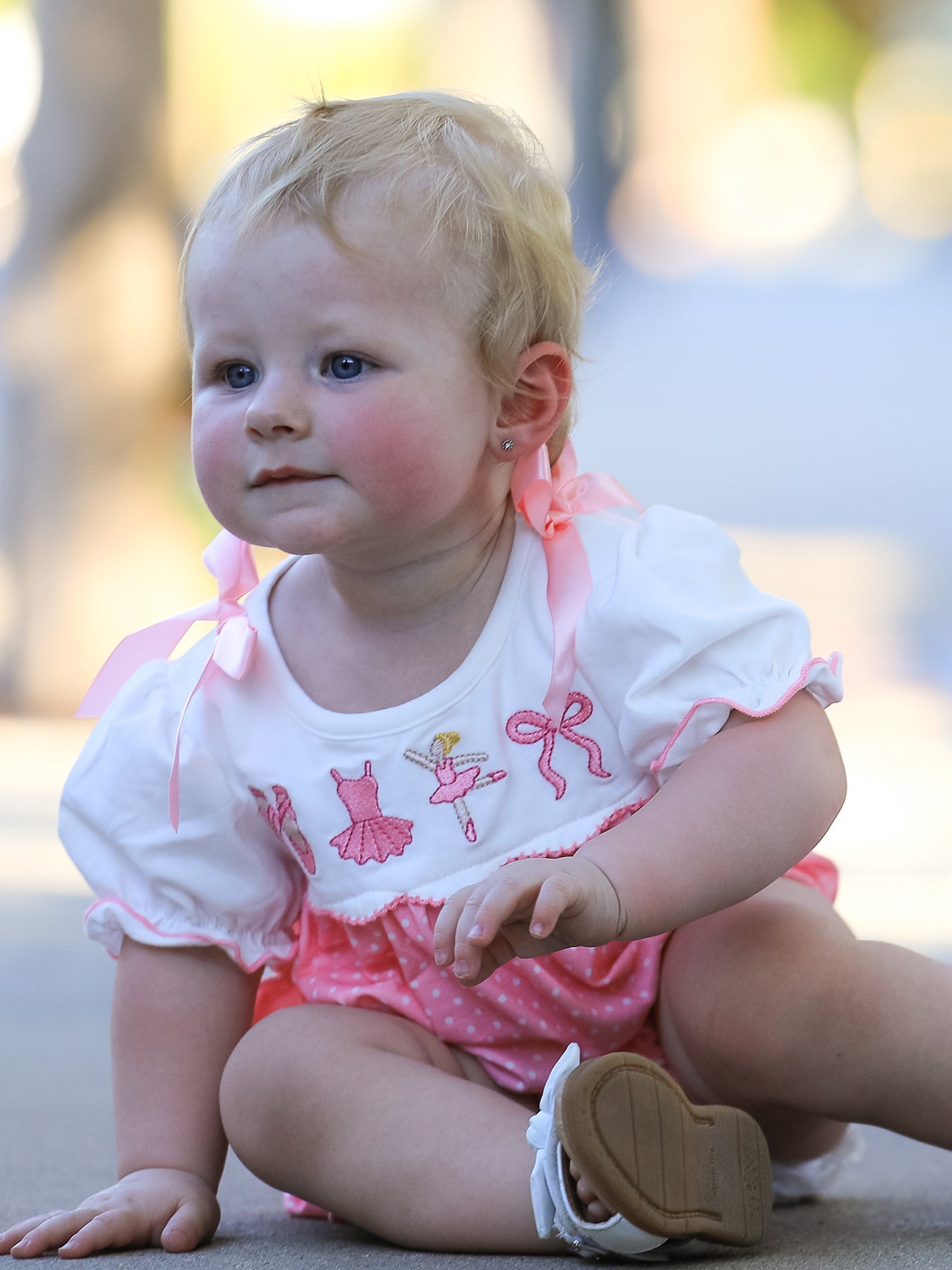 Pink Ballet Embroidery Bow Bubble Romper