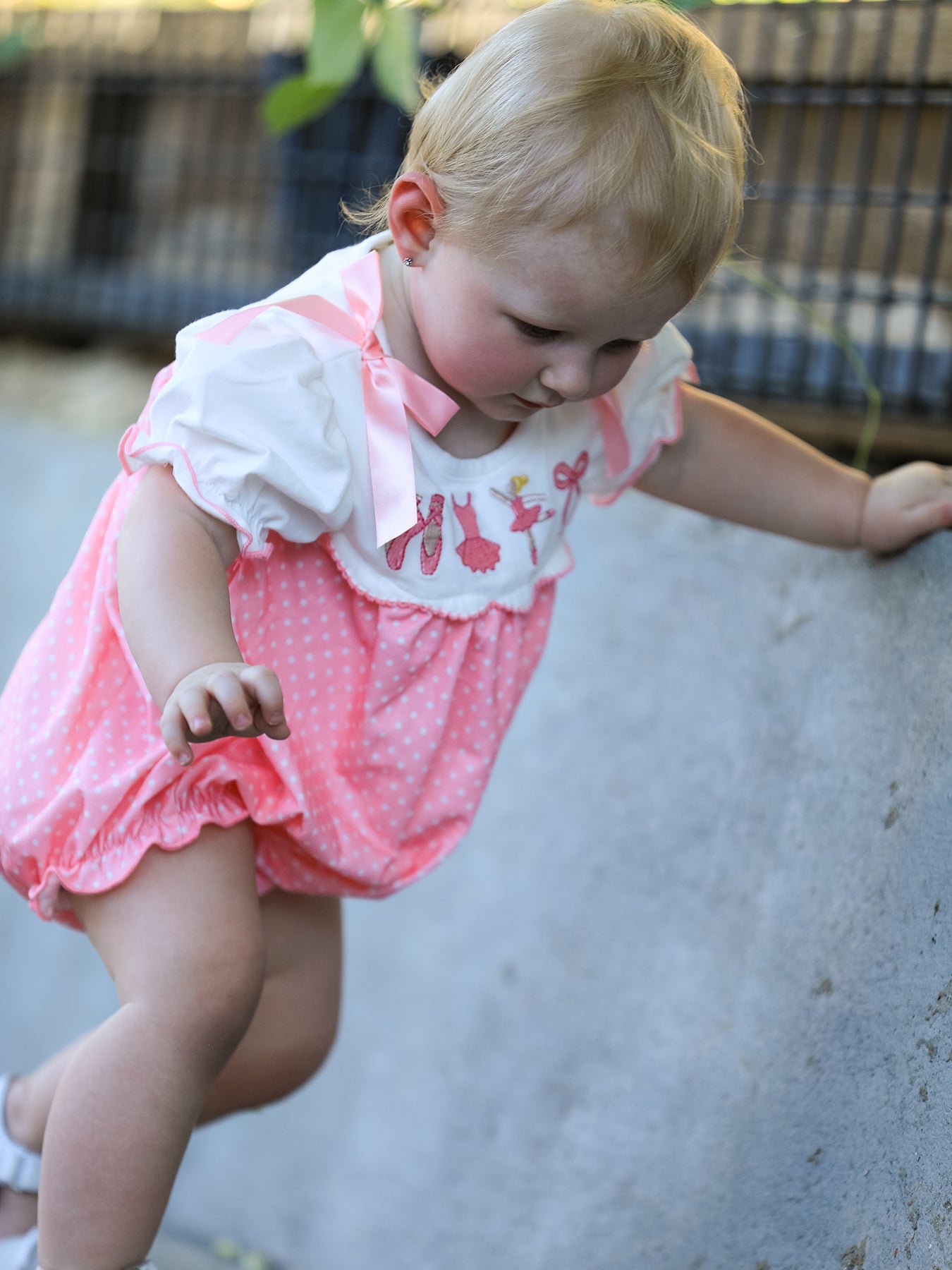 Pink Ballet Embroidery Bow Bubble Romper
