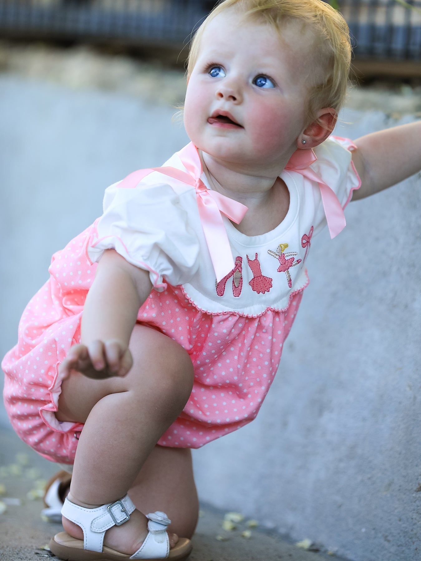 Pink Ballet Embroidery Bow Bubble Romper