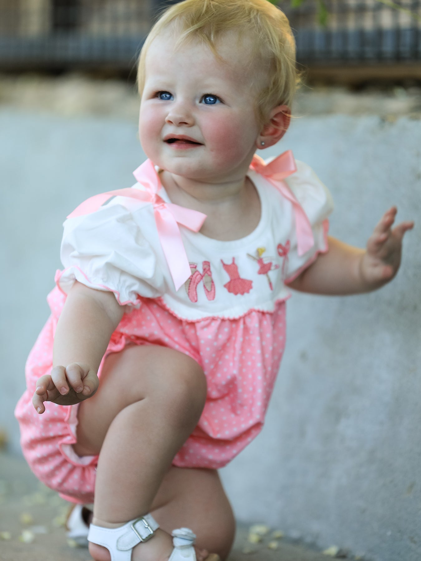 Pink Ballet Embroidery Bow Bubble Romper