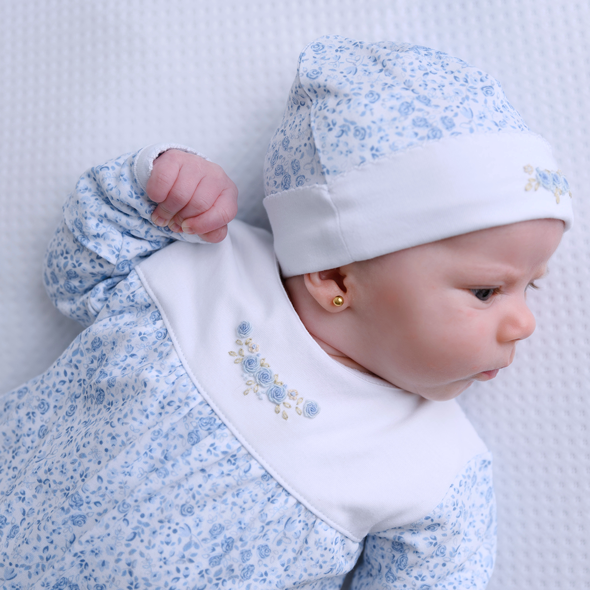Blue Roses Embroidery And Printed Footie | Baby Girl