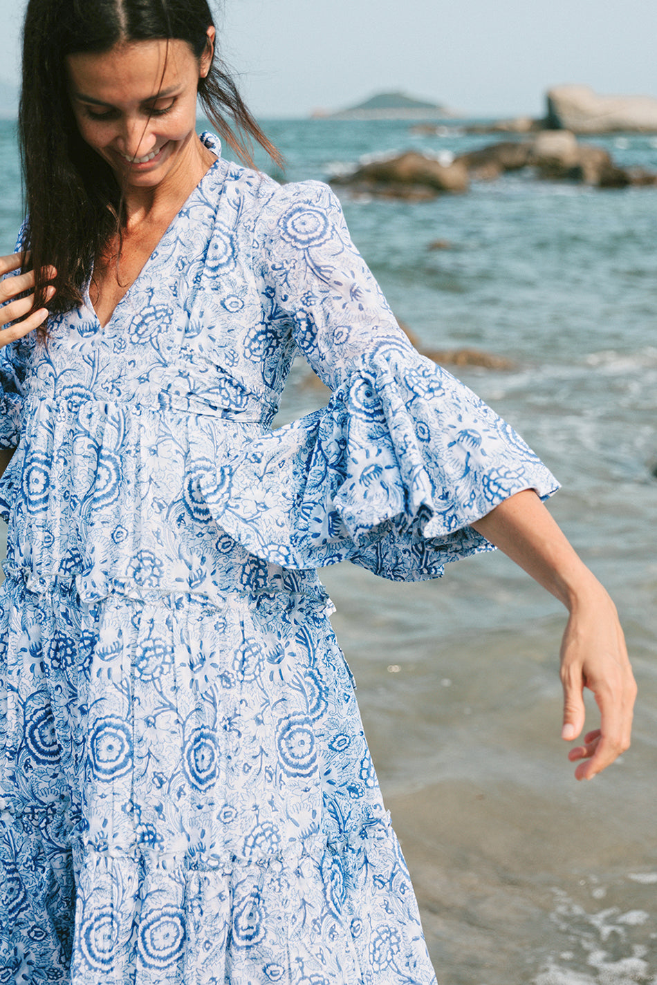 Block Printed Dress - Blue Floral